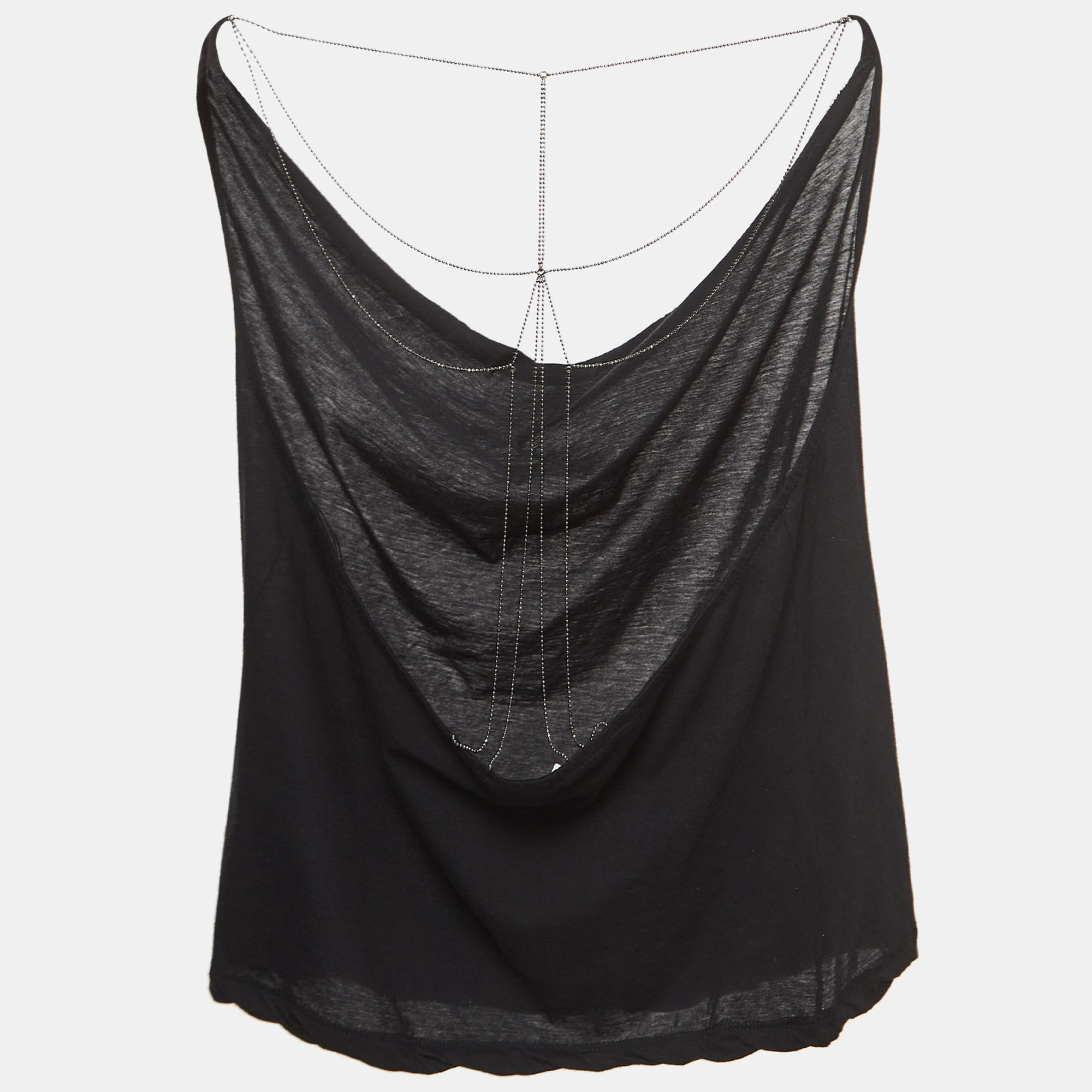 

Saint Laurent Black Cotton Cowl Neck Back Chain Detailed Top