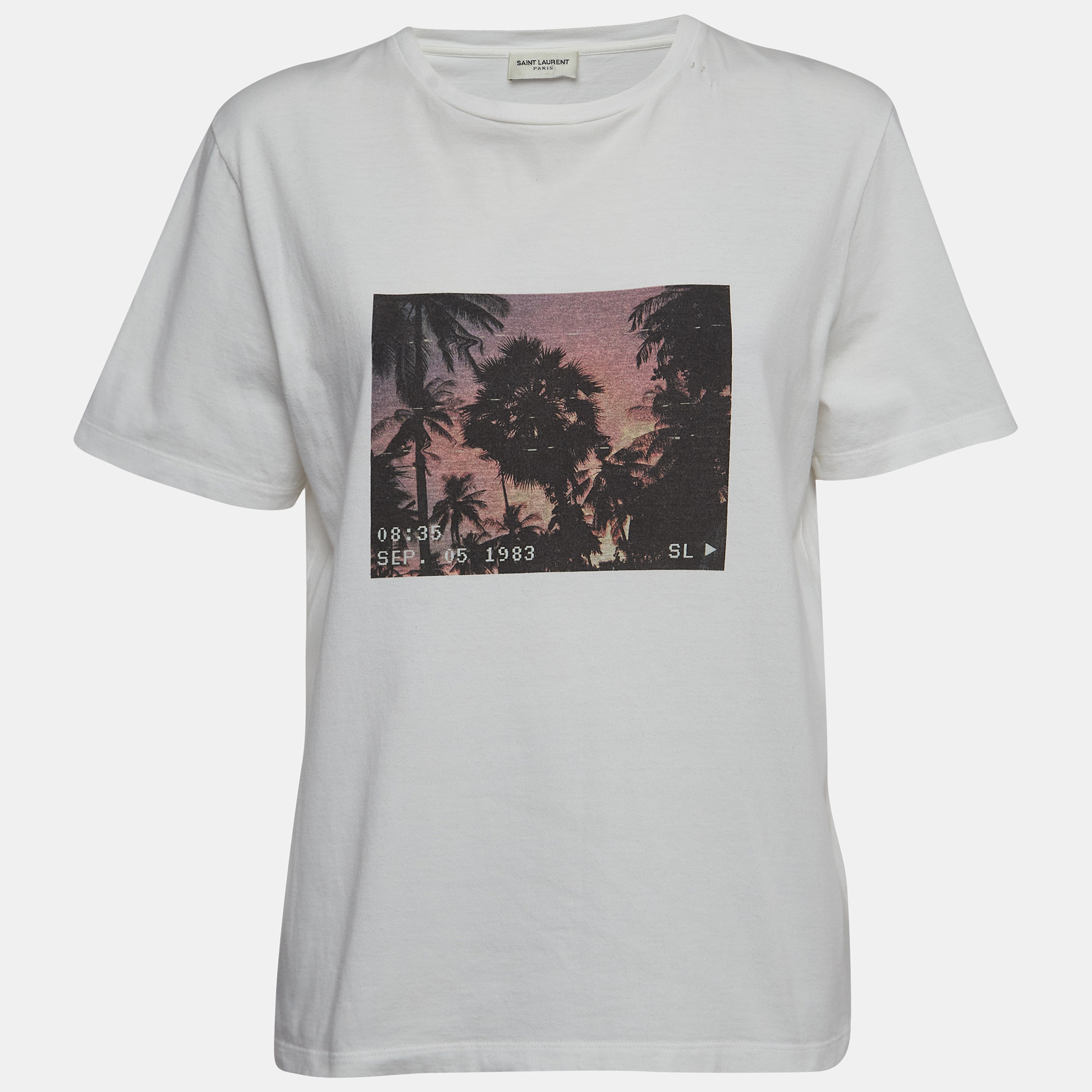 

Saint Laurent White Palm Tree Print Distressed Cotton Knit T-Shirt
