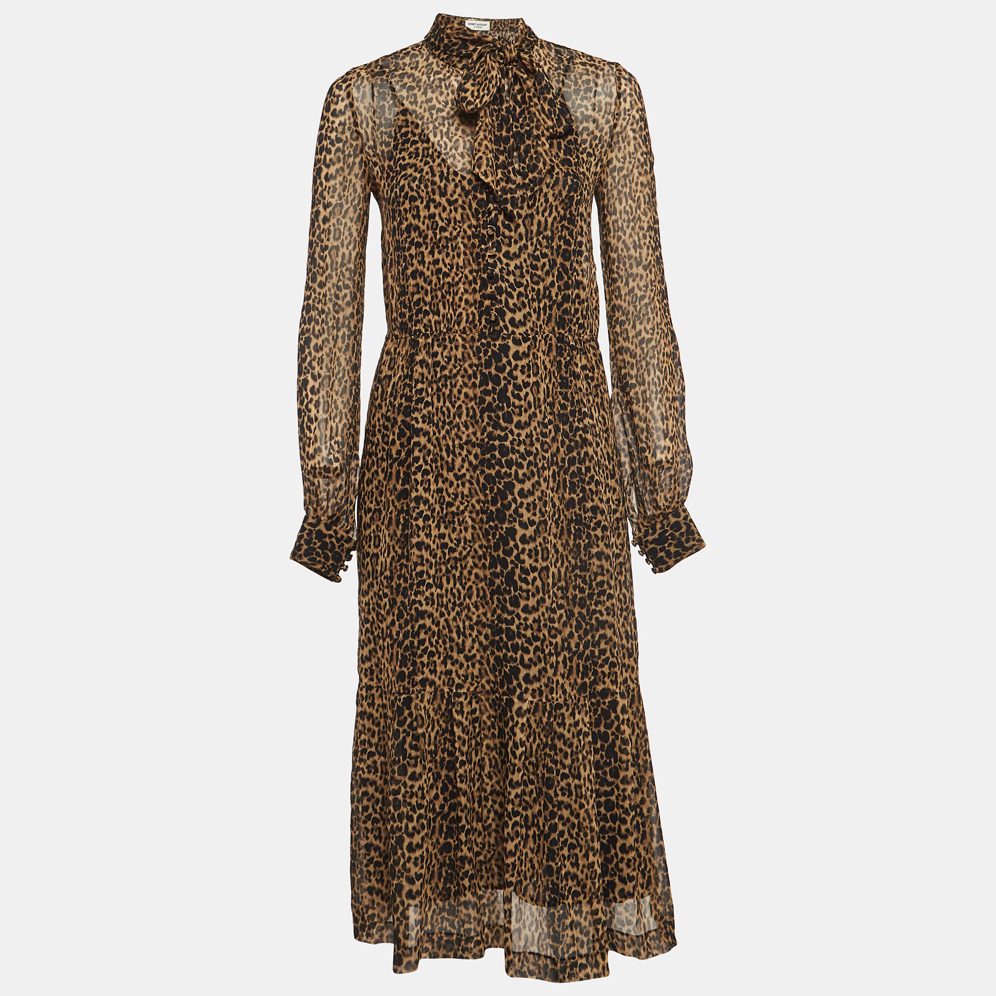 Pre-owned Saint Laurent Brown Leopard Print Chiffon Midi Dress S