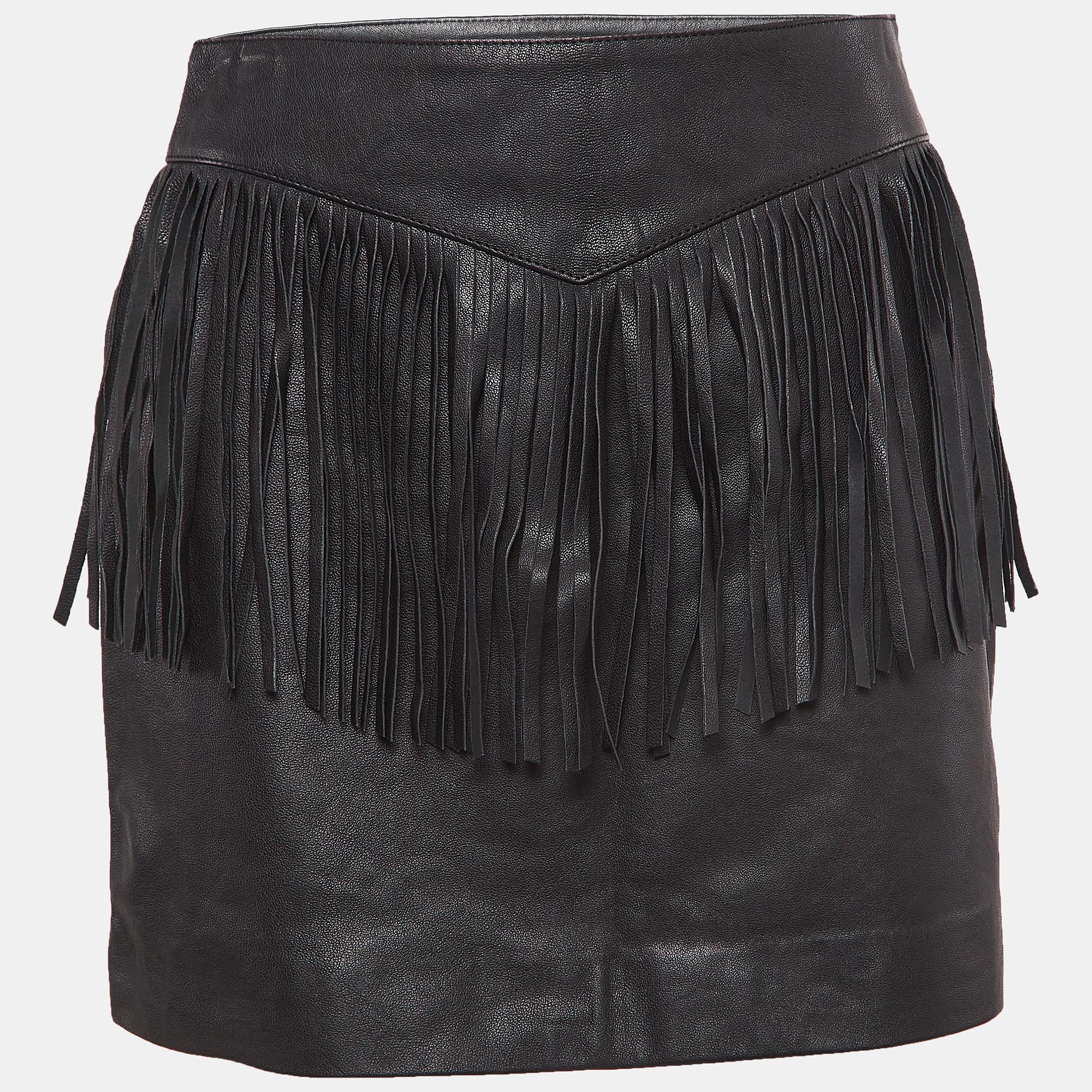 

Saint Laurent Black Leather Fringe Detail Mini Skirt