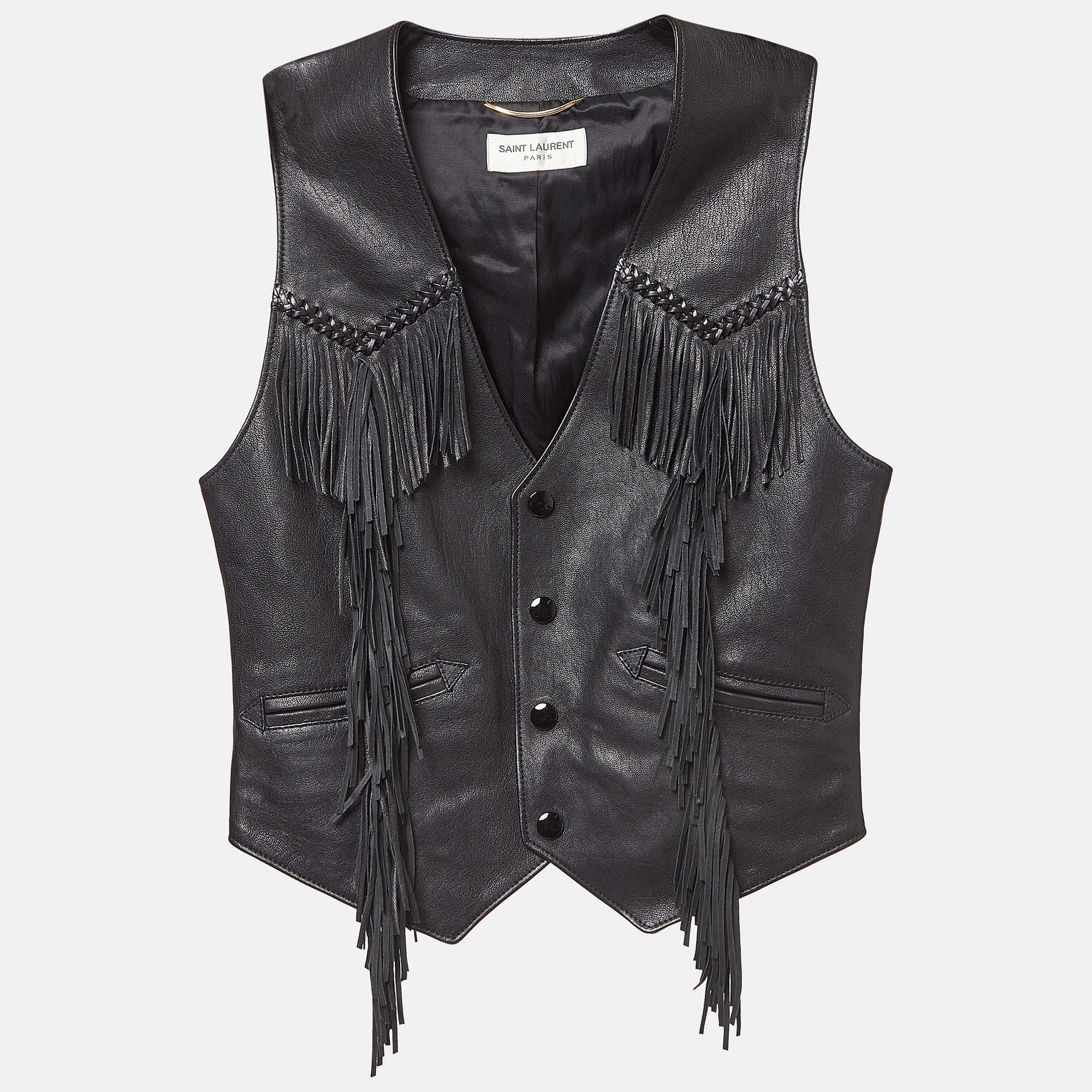 

Saint Laurent Black Leather Fringe Detail Vest