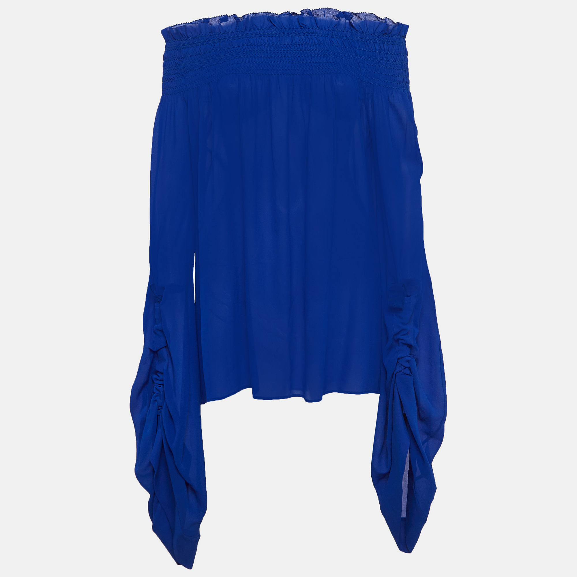 

Saint Laurent Blue Smocked Silk Off-Shoulder Flared Sleeve Blouse