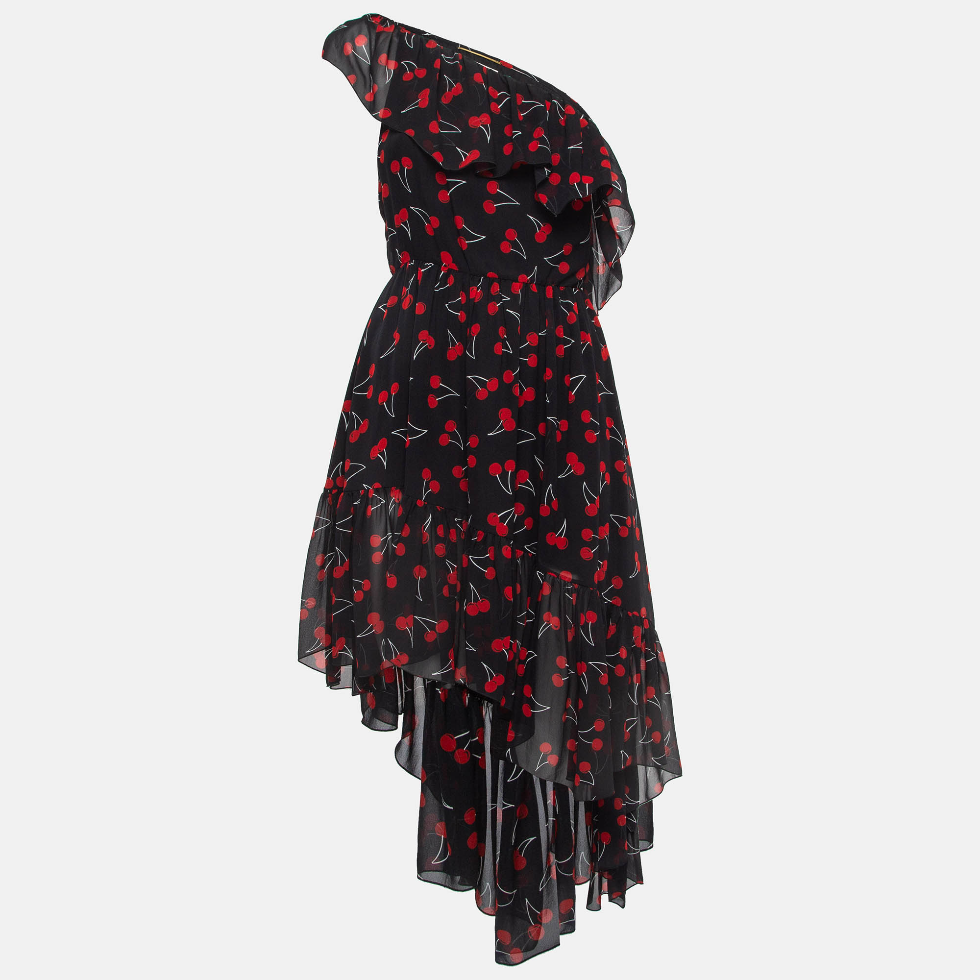 

Saint Laurent Black Cherry Print Silk One-Shoulder Asymmetric Midi Dress