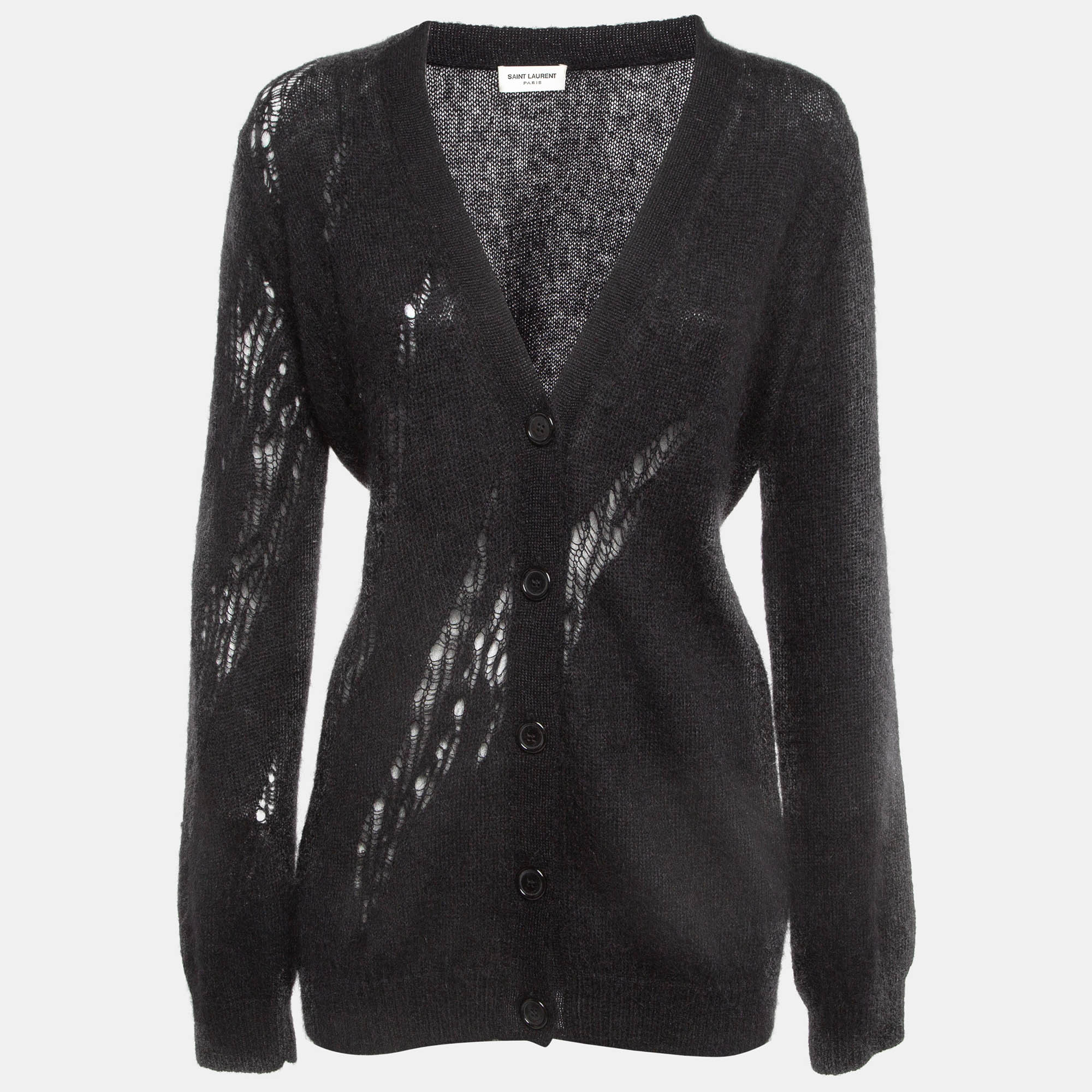 Pre-owned Saint Laurent Black Ripped Mohair Knit Buttoned Cardigan S
