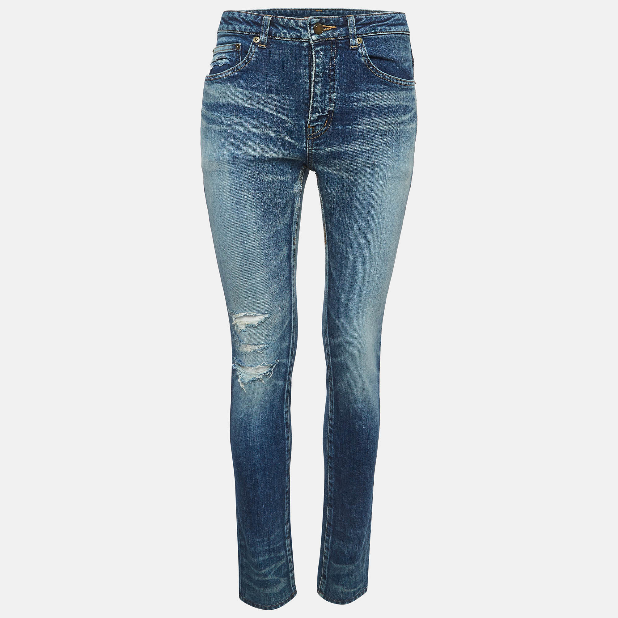 

Saint Laurent Blue Distressed Denim Frayed Skinny Jeans  Waist 28