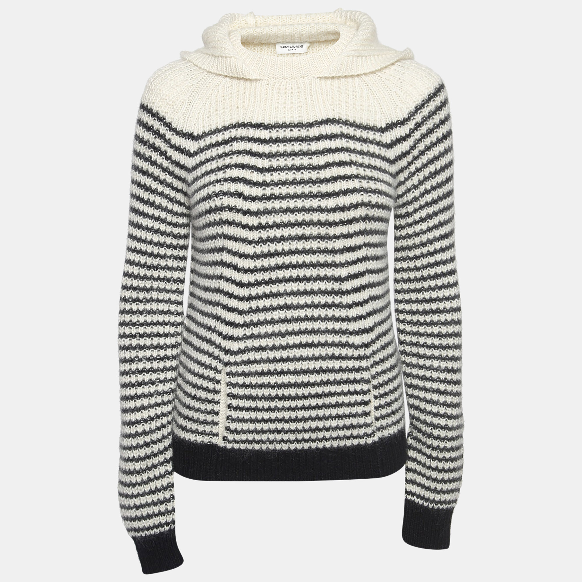 

Saint Laurent White/Black Stripe Wool Blend Knit Hooded Sweater XS