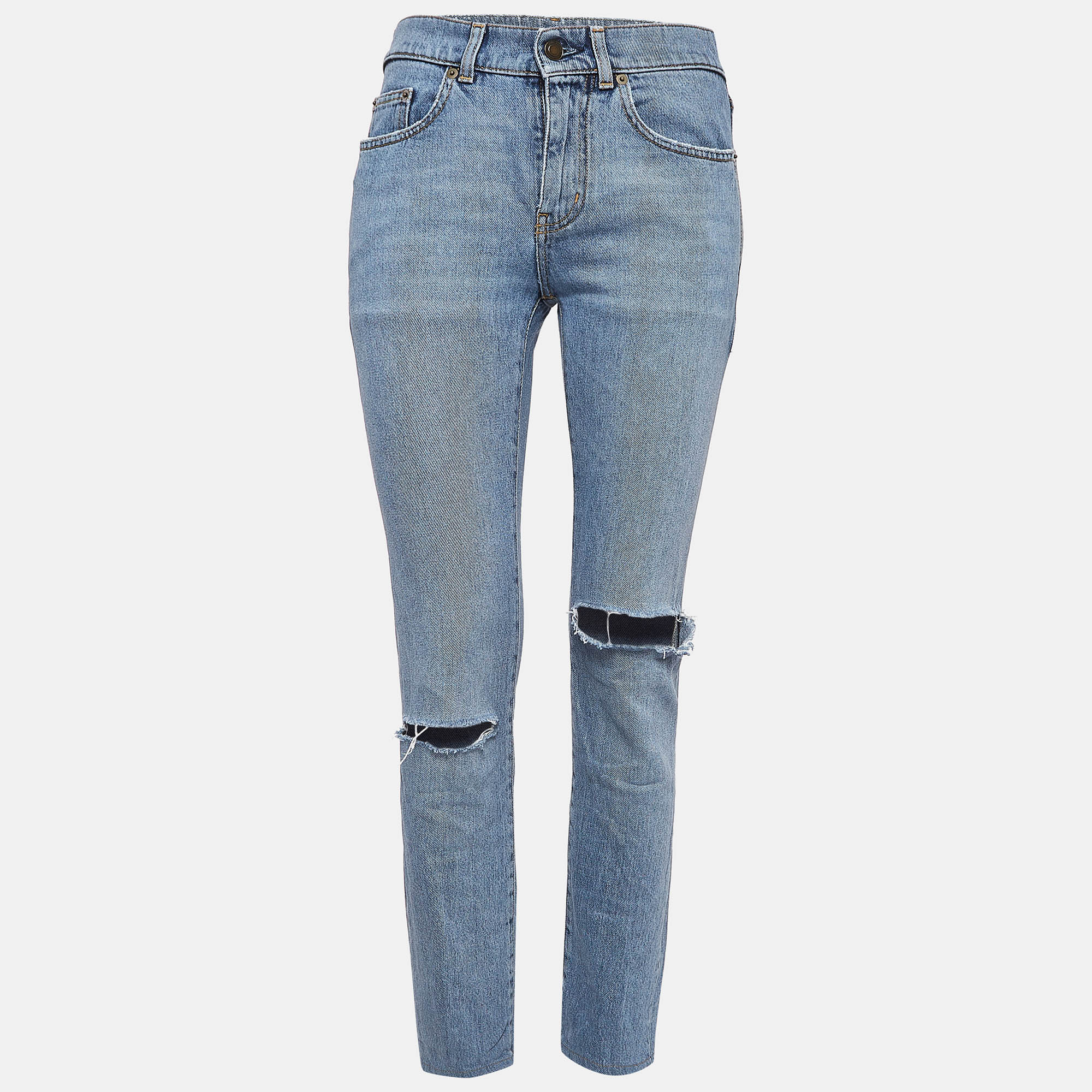 Pre-owned Saint Laurent Blue Ripped Denim Skinny Jeans M Waist 27"