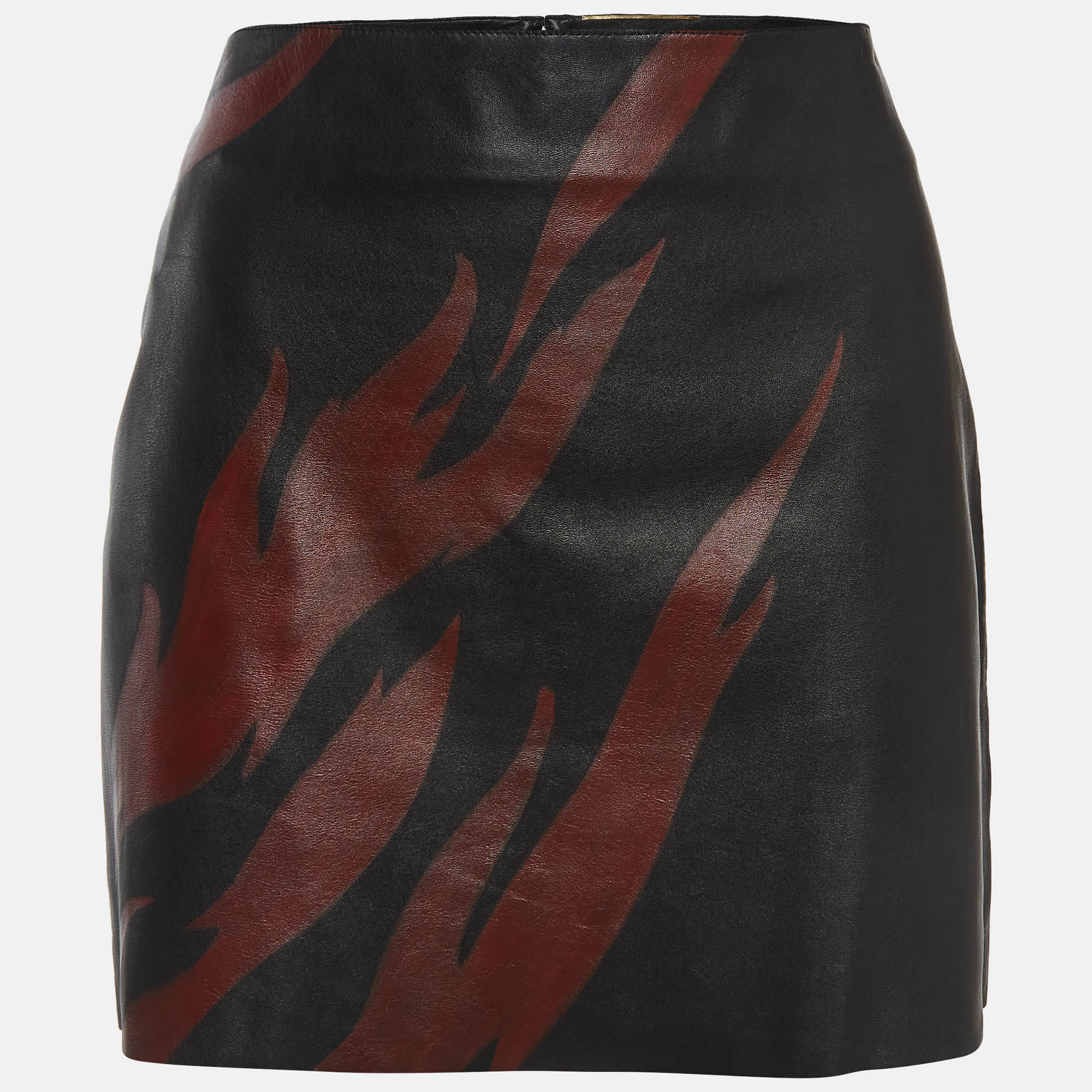 

Saint Laurent Paris Black Flame Print Leather Mini Skirt