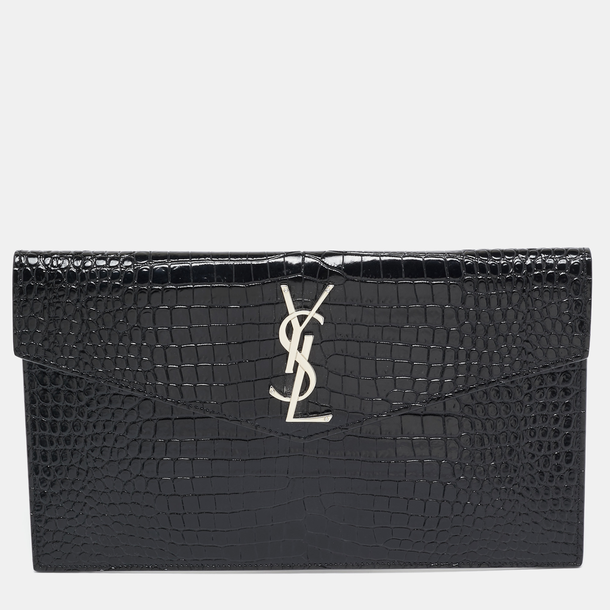 

Saint Laurent Black Croc Embossed Leather Uptown Clutch