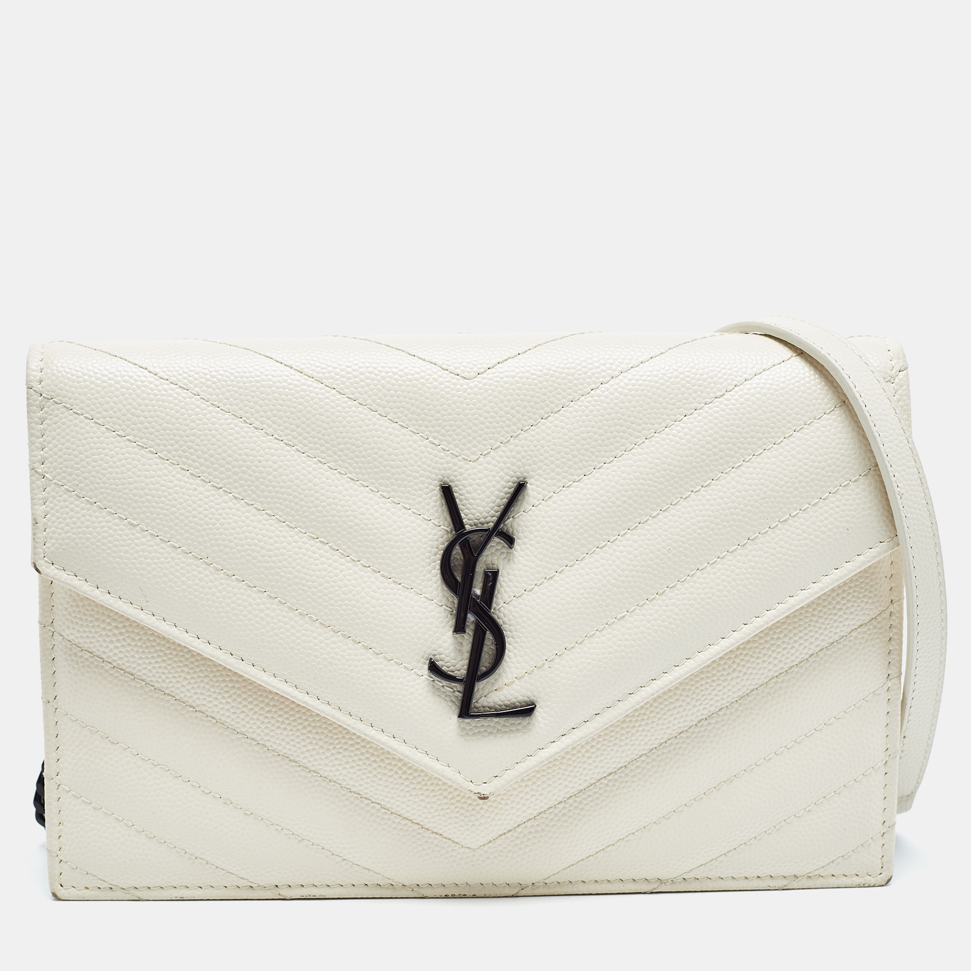 

Saint Laurent Cream Matelassé Leather Monogram Envelope Wallet on Chain