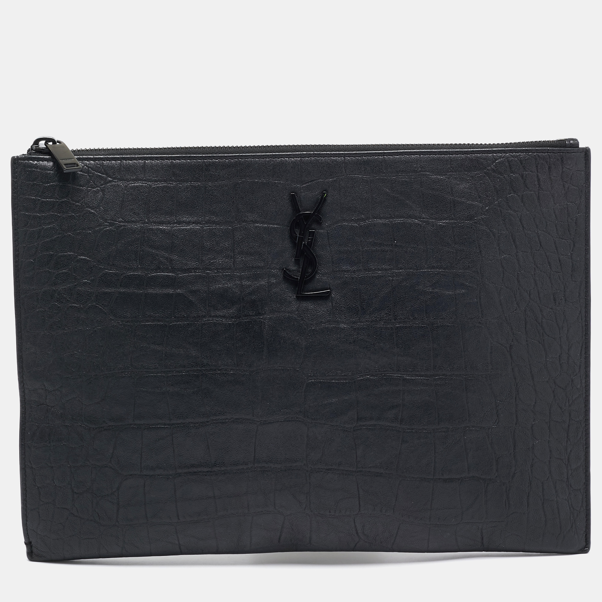 

Saint Laurent Black Croc Embossed Leather Monogram Zip Pouch