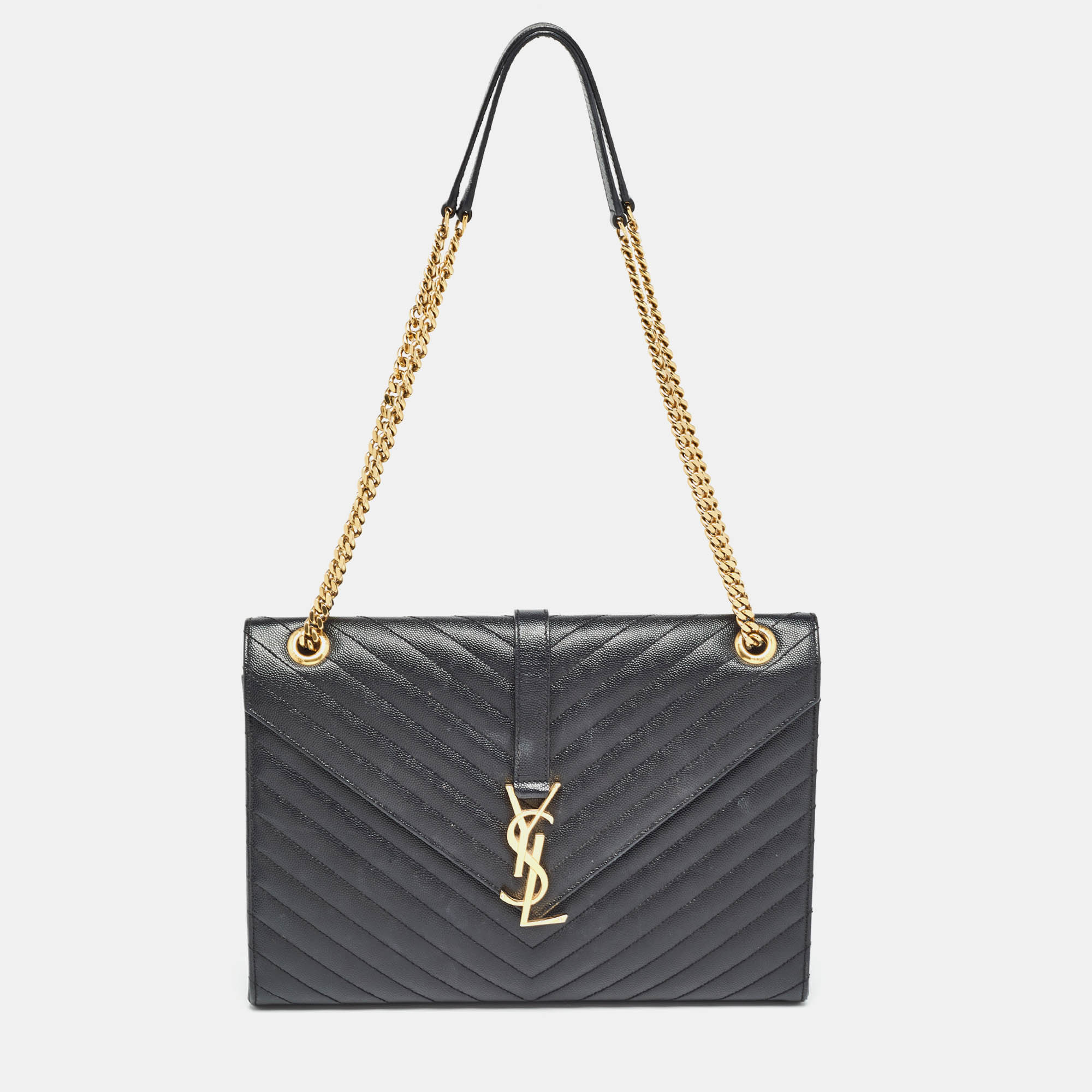 

Saint Laurent Black Matelasse Leather  Monogram Envelope Shoulder Bag