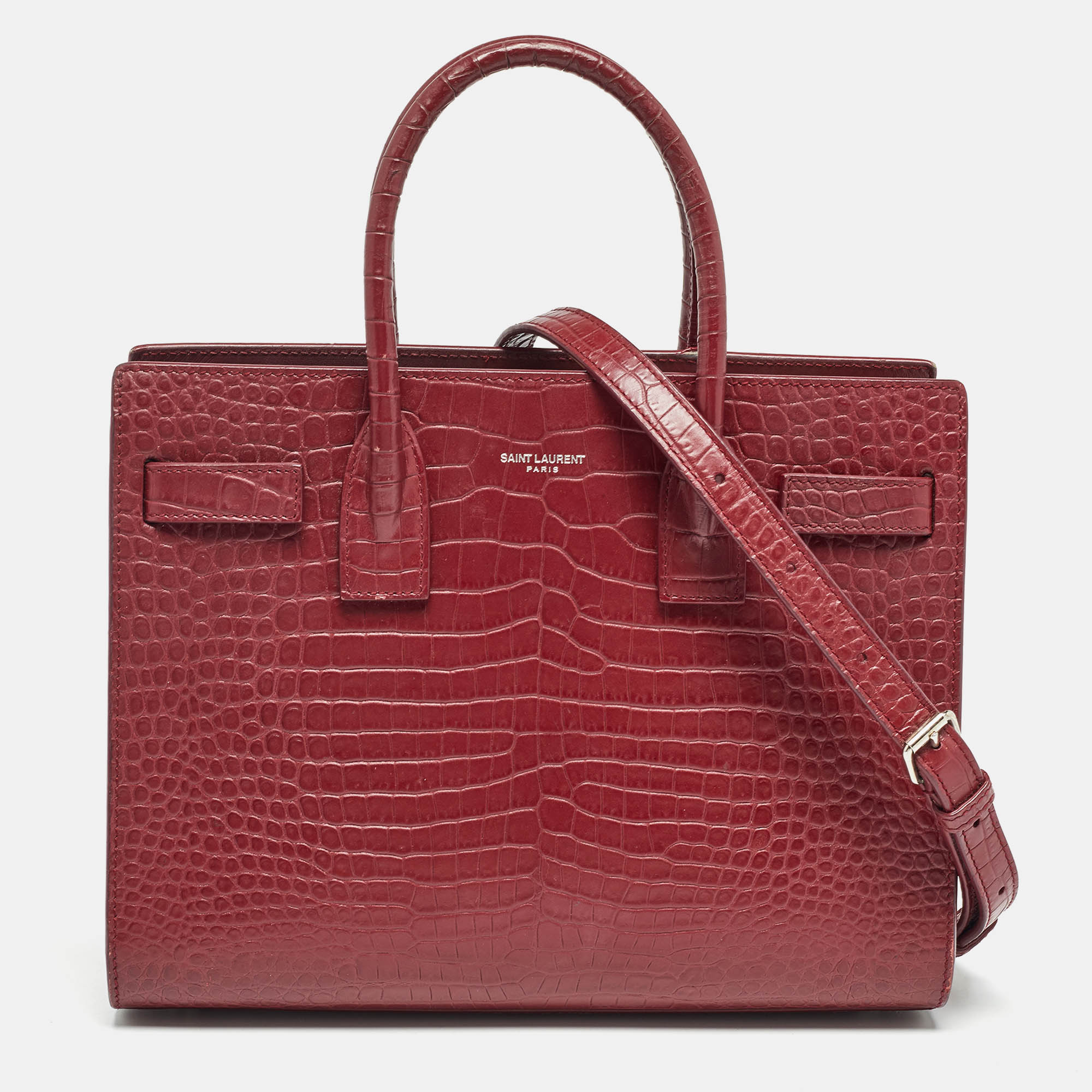 

Saint Laurent Burgundy Croc Embossed Leather Baby Classic Sac De Jour Tote