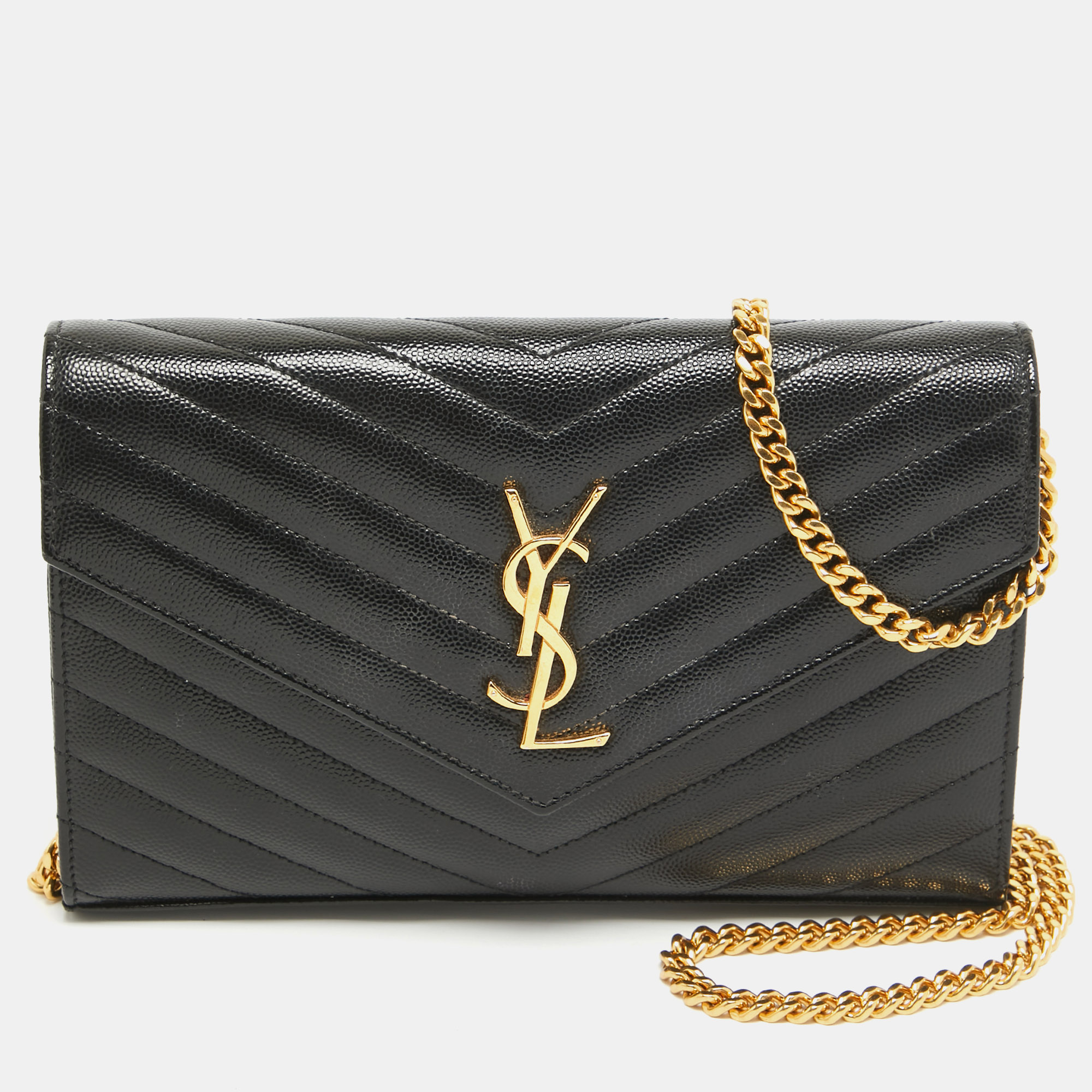 

Saint Laurent Black Matelassé Leather Cassandre Wallet on Chain