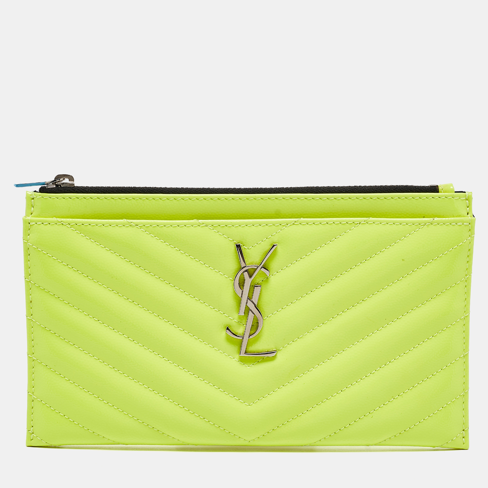 

Saint Laurent Neon Yellow Matelasse Patent Leather Monogram Bill Pouch