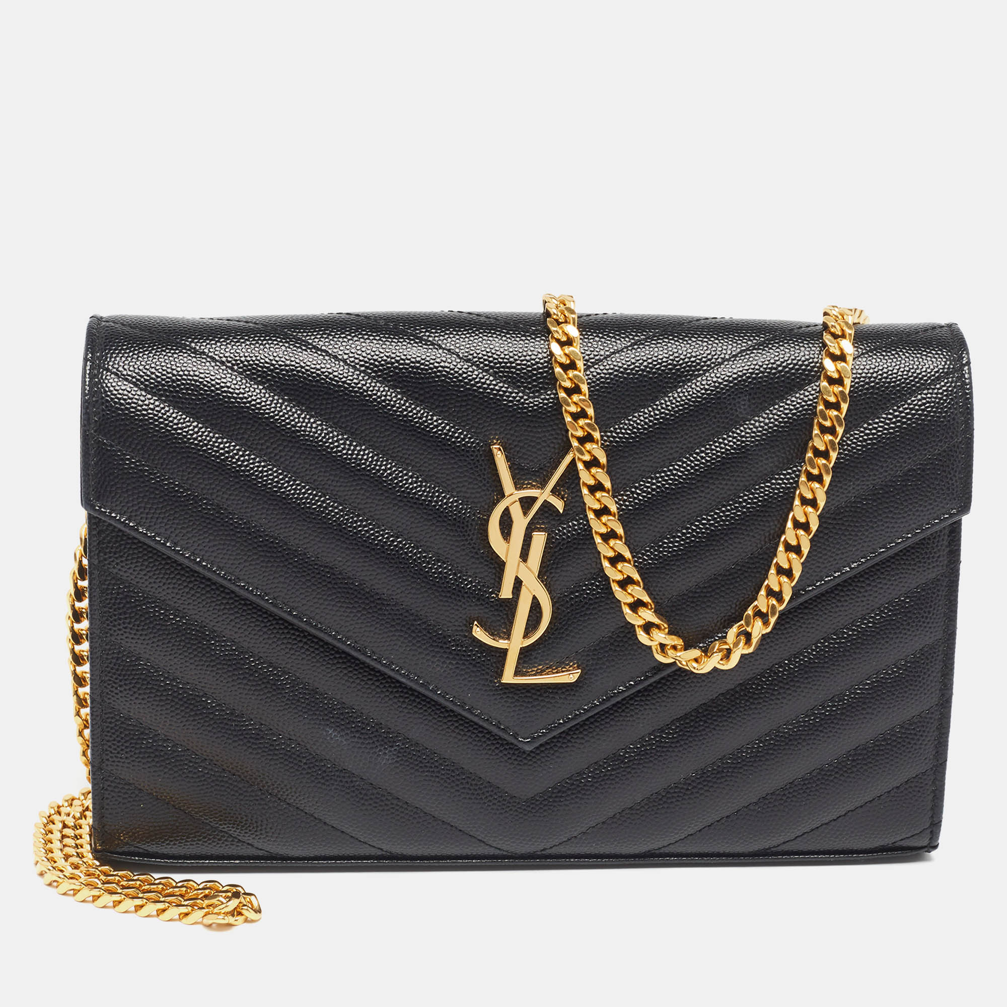 

Saint Laurent Black Matelassé Leather Monogram Envelope Wallet on Chain