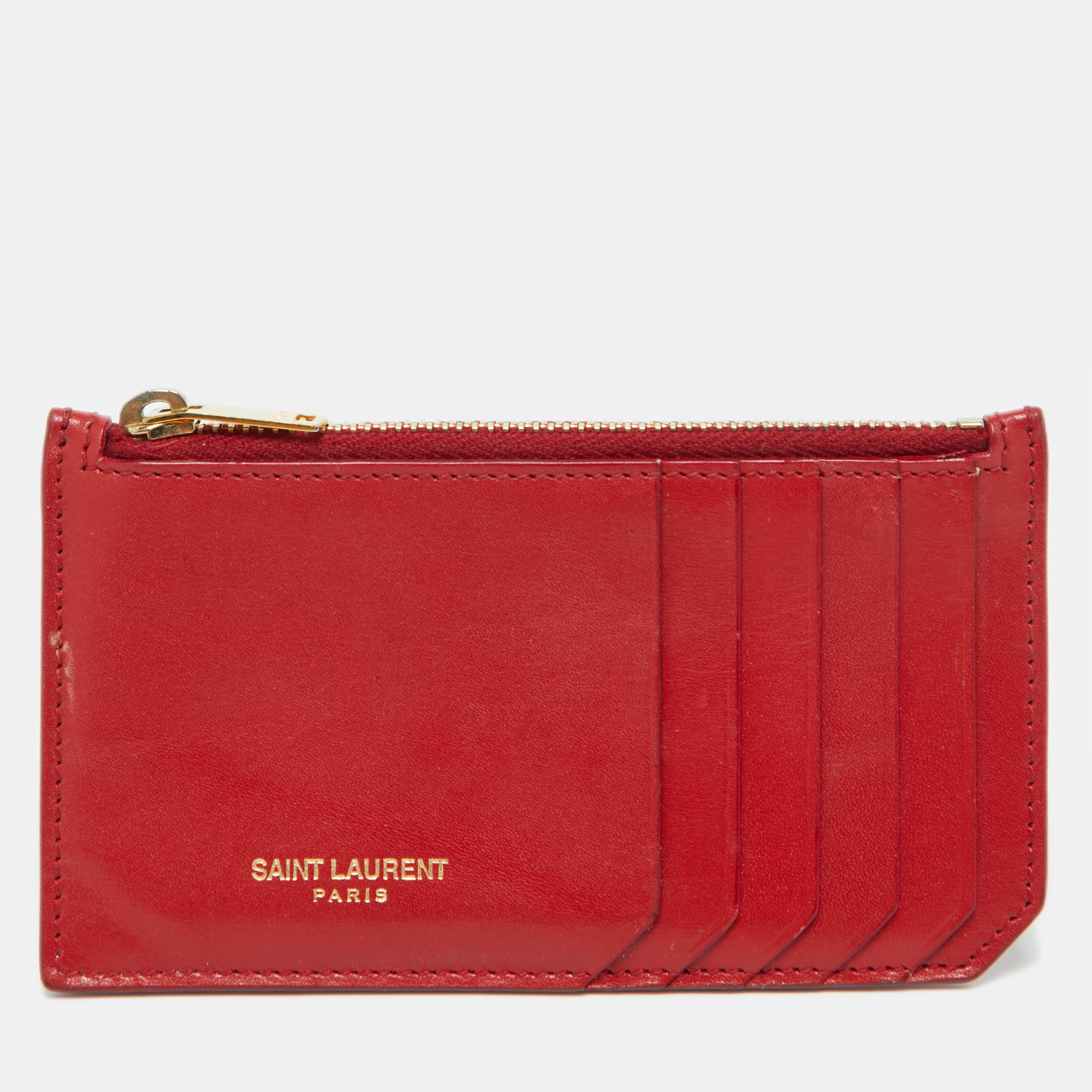 

Saint Laurent Red Leather Zip Card Case