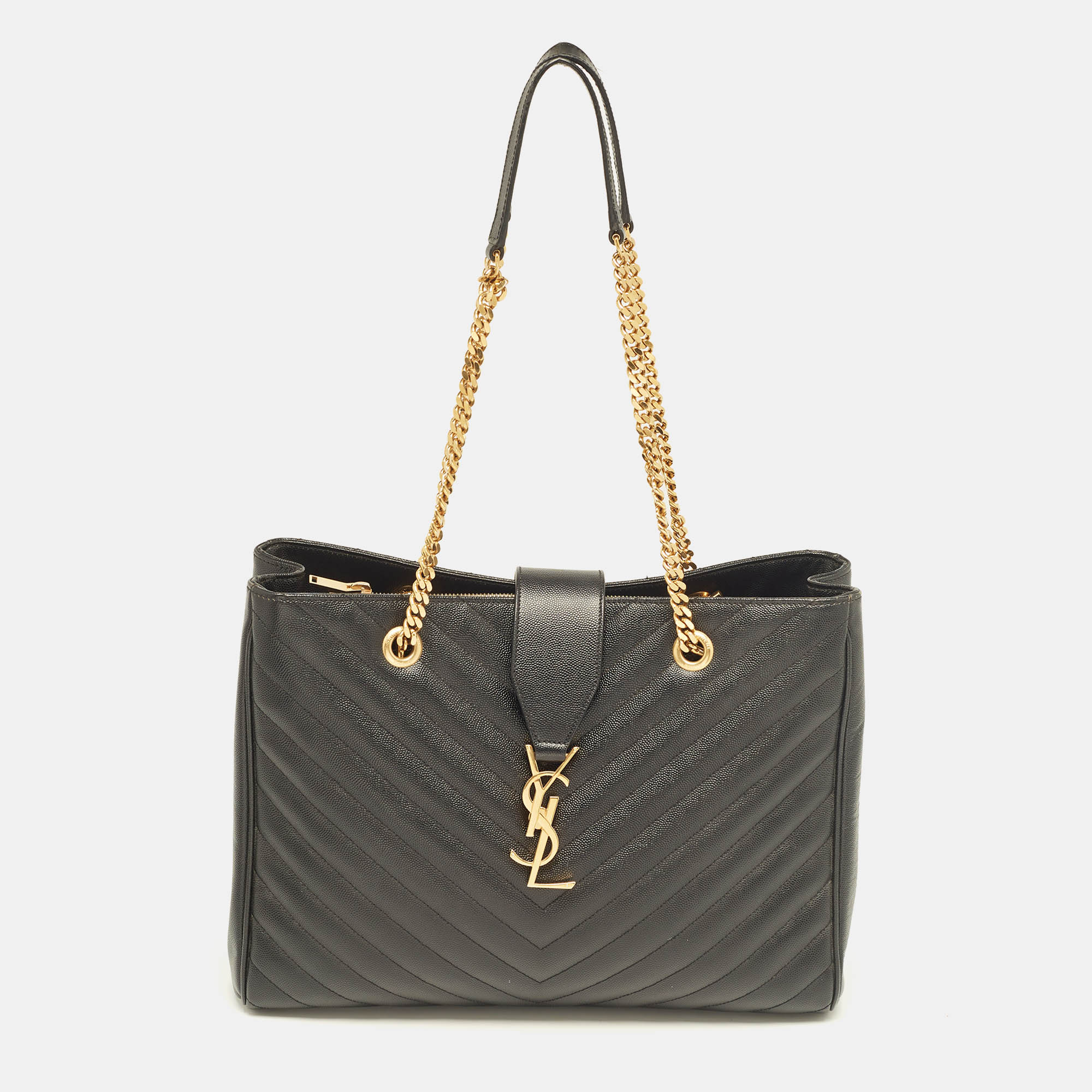 

Saint Laurent Black Matelassé Leather Cassandre Shopper Tote