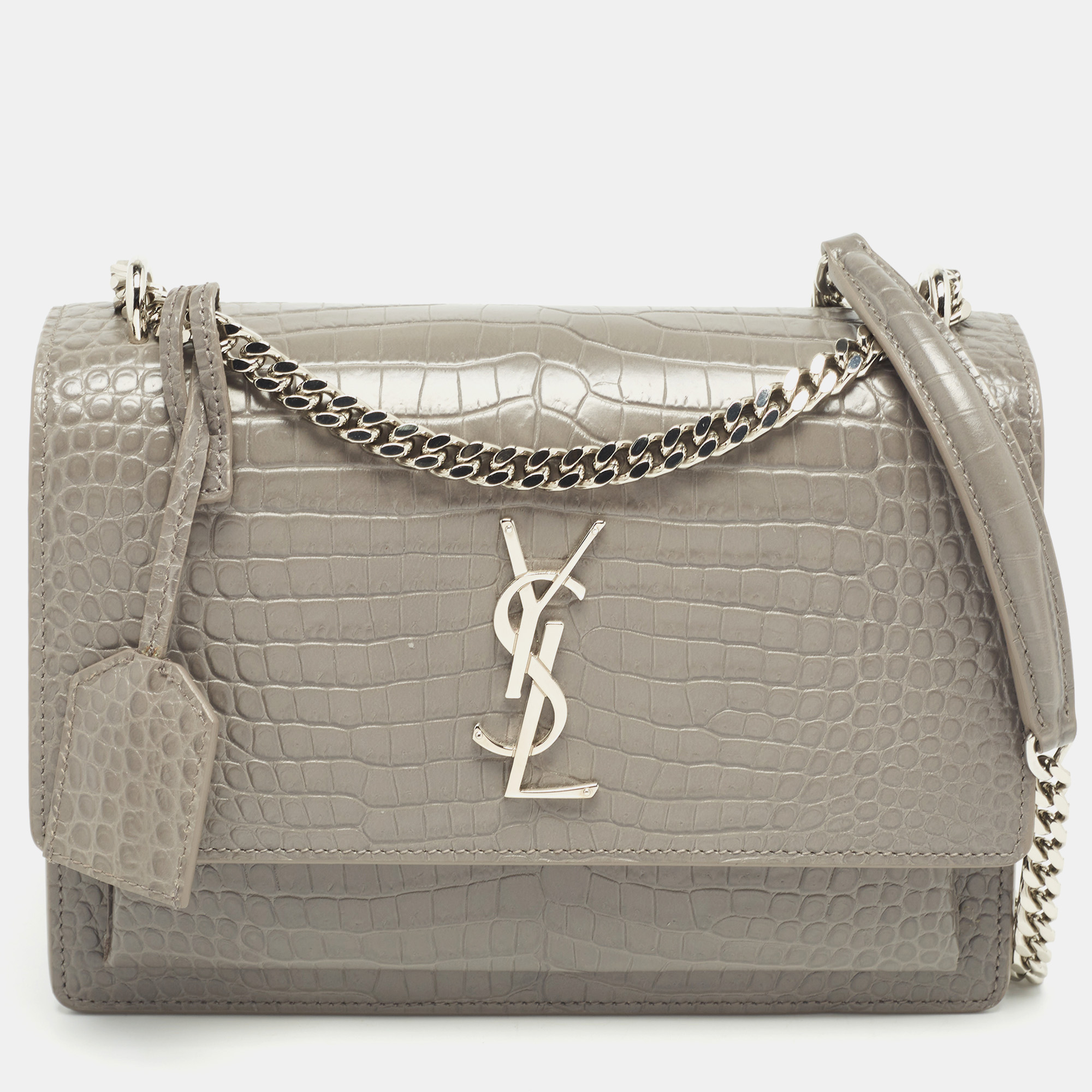 Saint Laurent Grey Croc Embossed Leather Medium Sunset Shoulder Bag