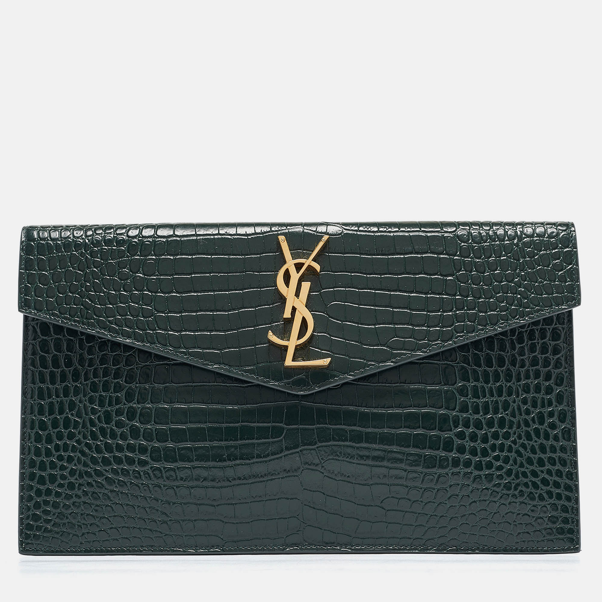 

Saint Laurent Green Croc Embossed Leather Uptown Pouch