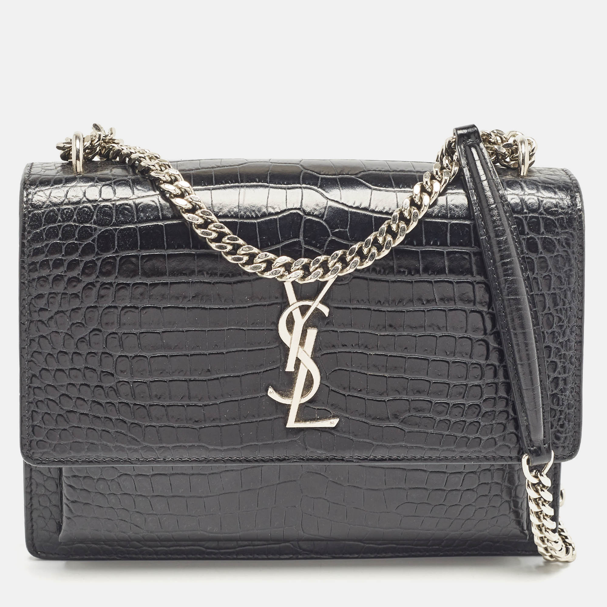 

Saint Laurent Black Croc Embossed Leather  Sunset Shoulder Bag