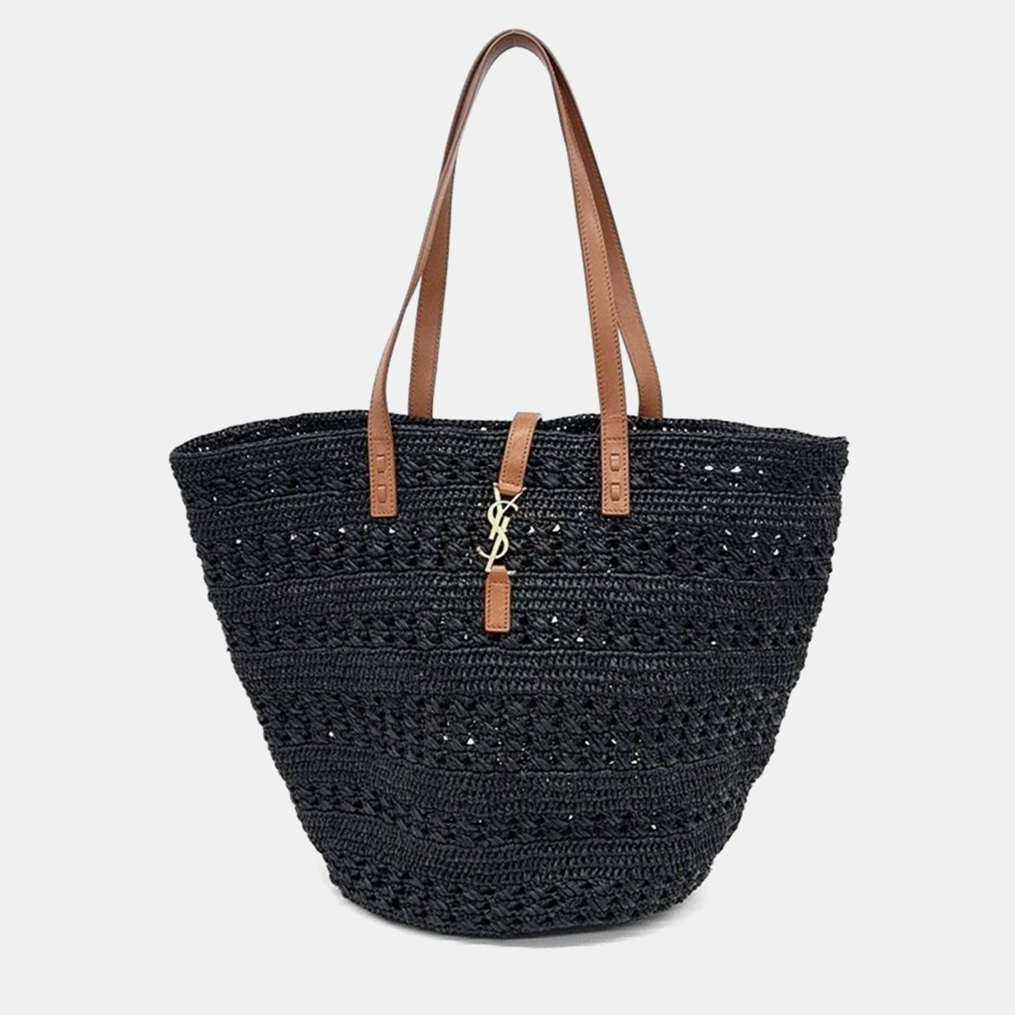 

Saint Laurent Crochet Raffia Panier Bag Medium, Black