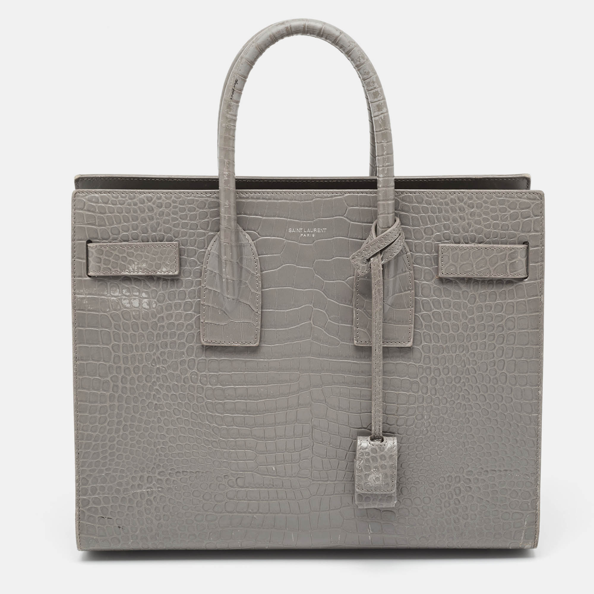 

Saint Laurent Grey Croc Embossed Leather Small Classic Sac De Jour Tote