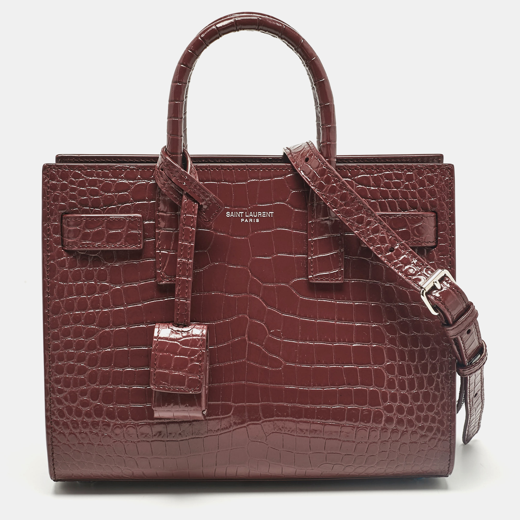 

Saint Laurent Burgundy Croc Embossed Leather Nano Classic Sac De Jour Tote