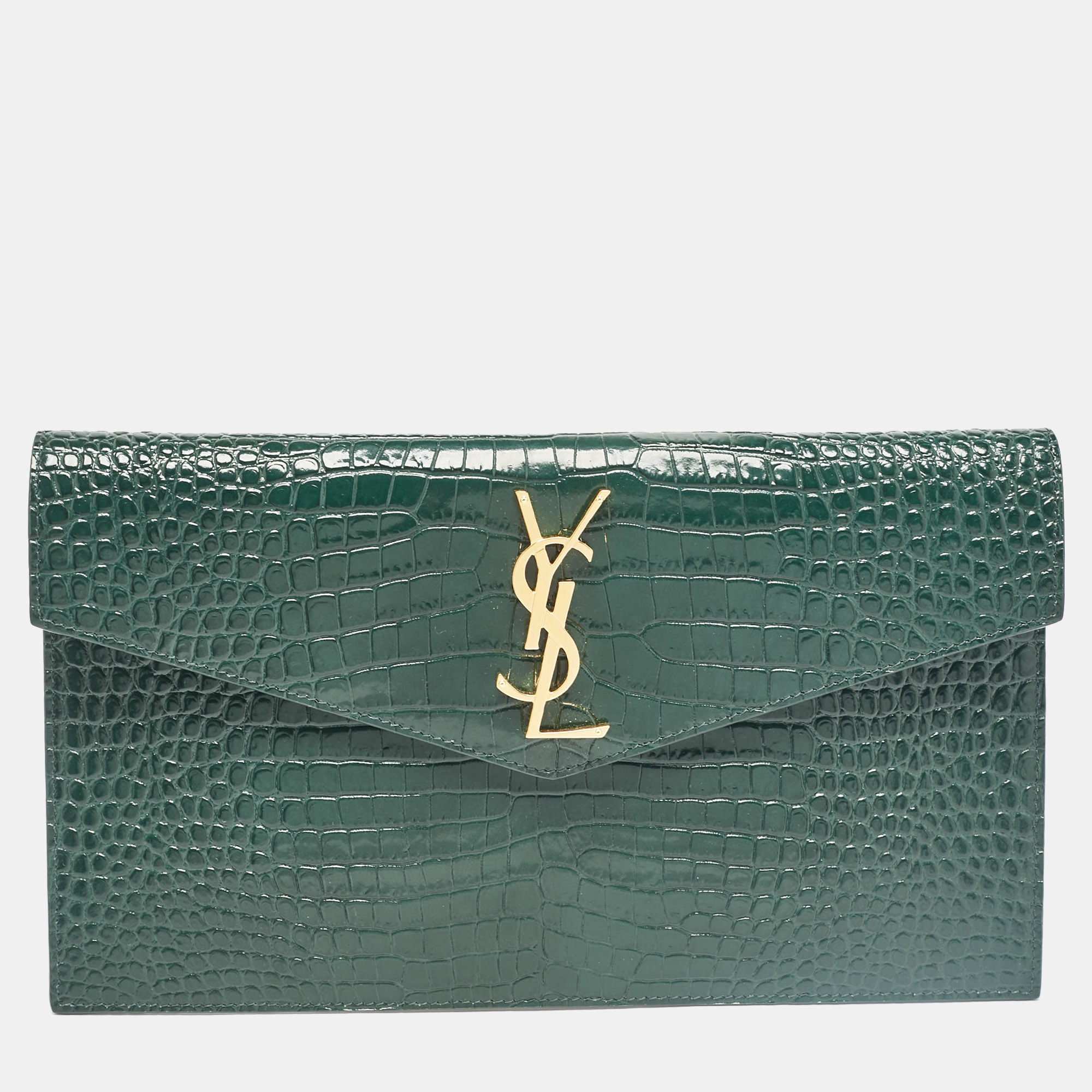 

Saint Laurent Green Croc Embossed Leather Uptown Pouch