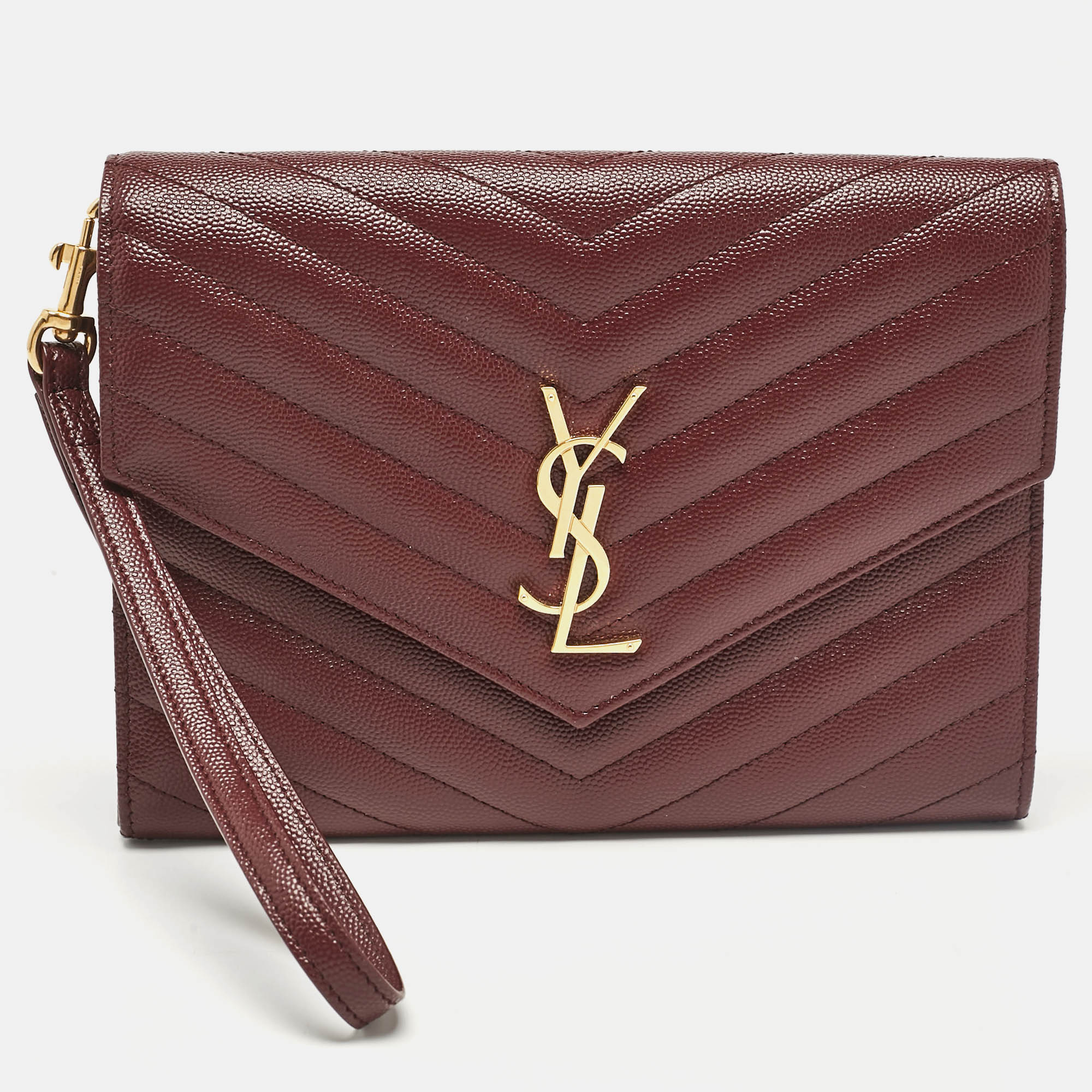 Pre-owned Saint Laurent Burgundy Matelassé Leather Monogram Envelope Wristlet Clutch