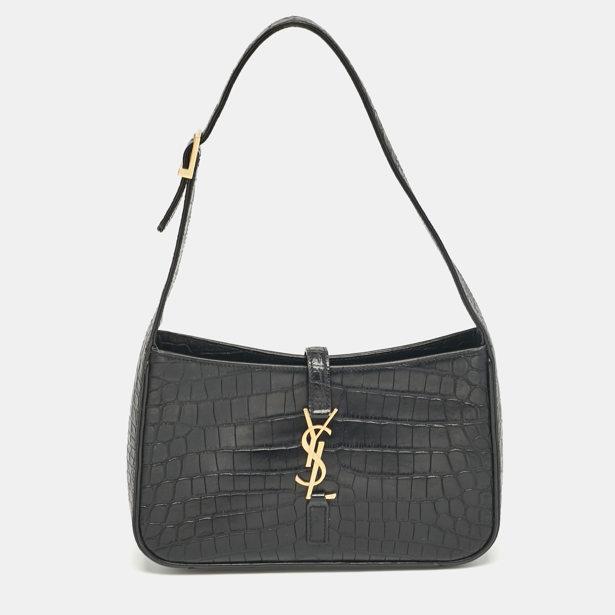 

Saint Laurent Black Croc Embossed Leather LE 5 À 7 Hobo