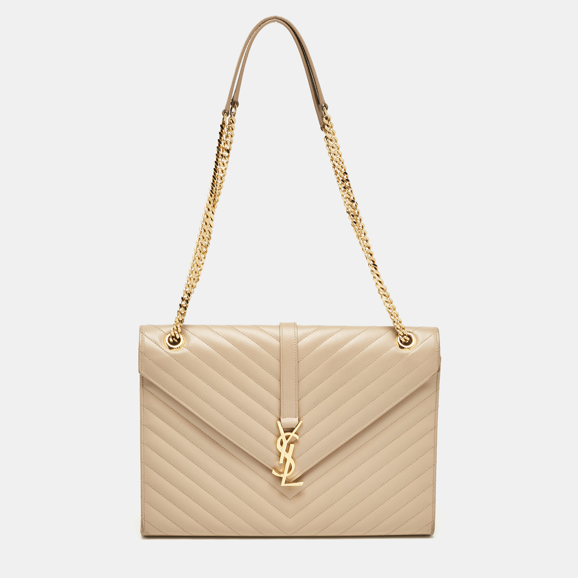 

Saint Laurent Beige Chevron Leather  Monogram Envelope Shoulder Bag