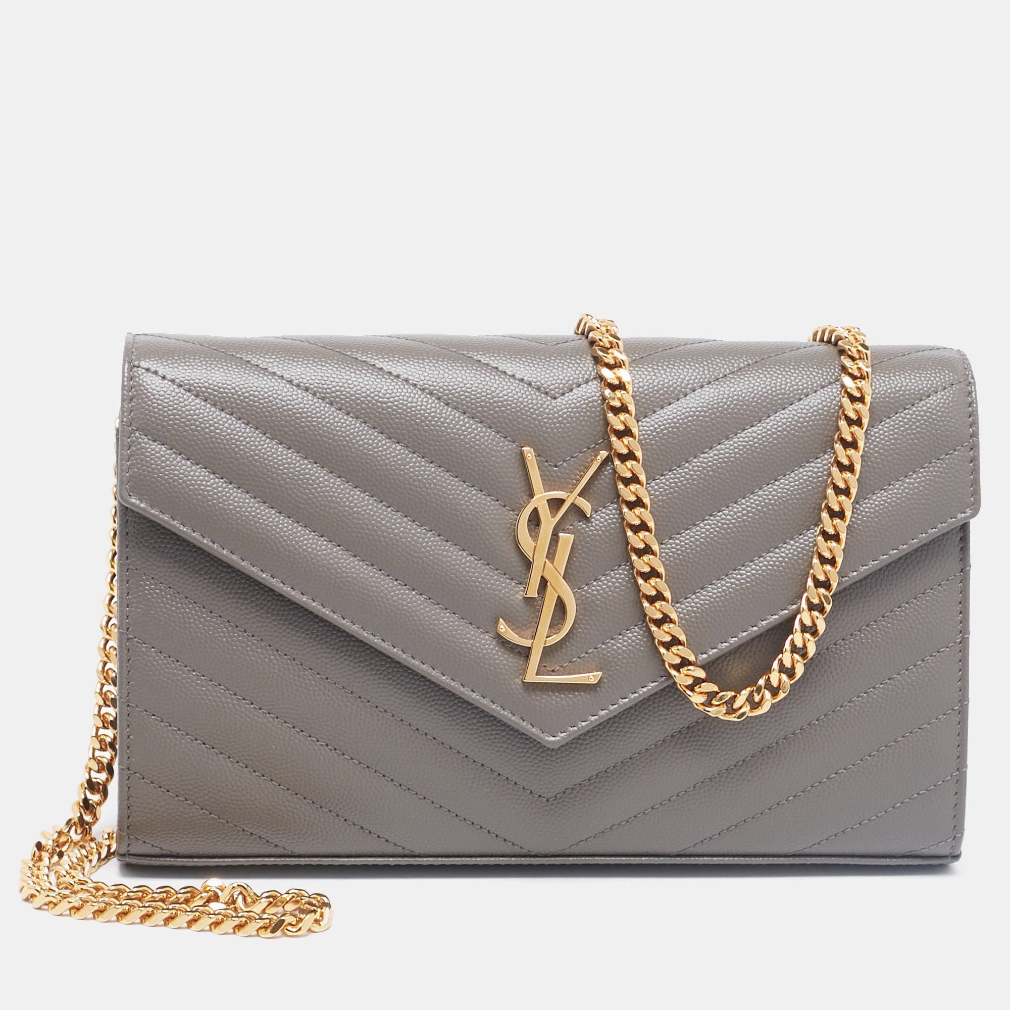 

Saint Laurent Grey Matelassé Leather Envelope Chain Clutch