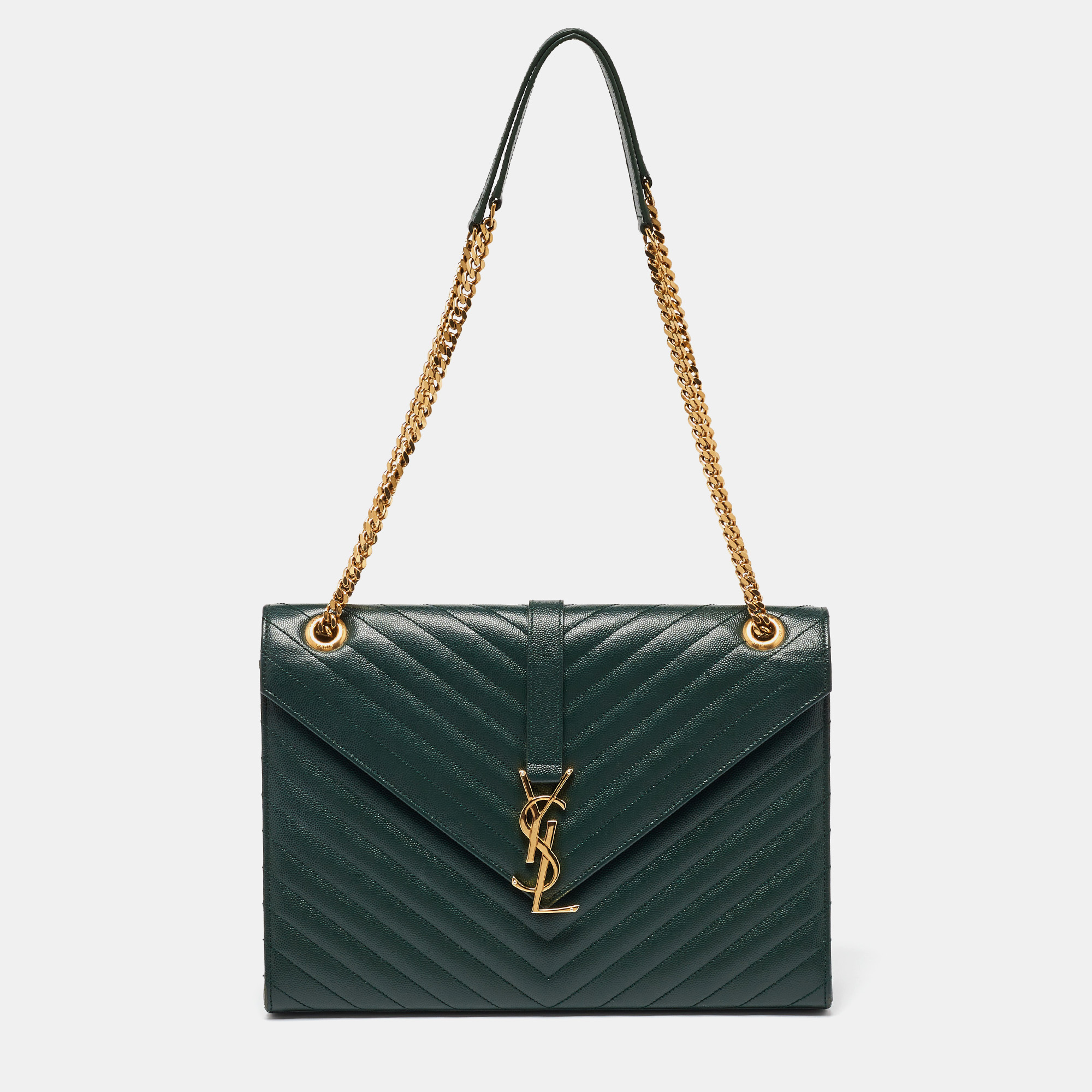 

Saint Laurent Green Matelasse Leather  Monogram Envelope Shoulder Bag