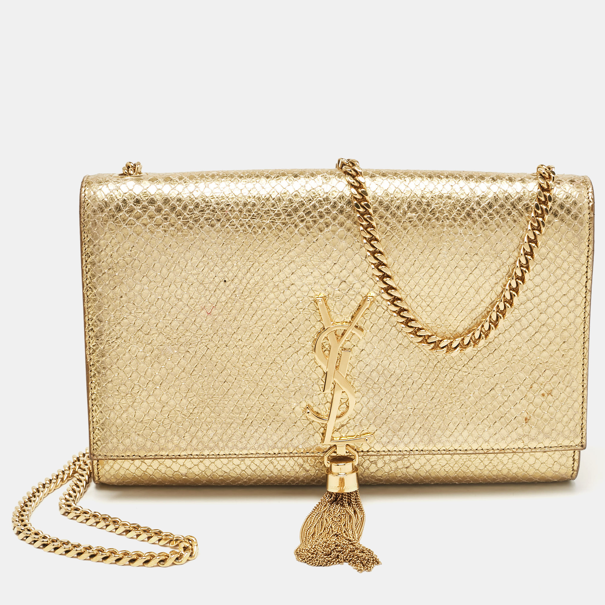 Pre-owned Saint Laurent Gold Snakeskin Embossed Leather Medium Kate Tassel Shoulder Bag