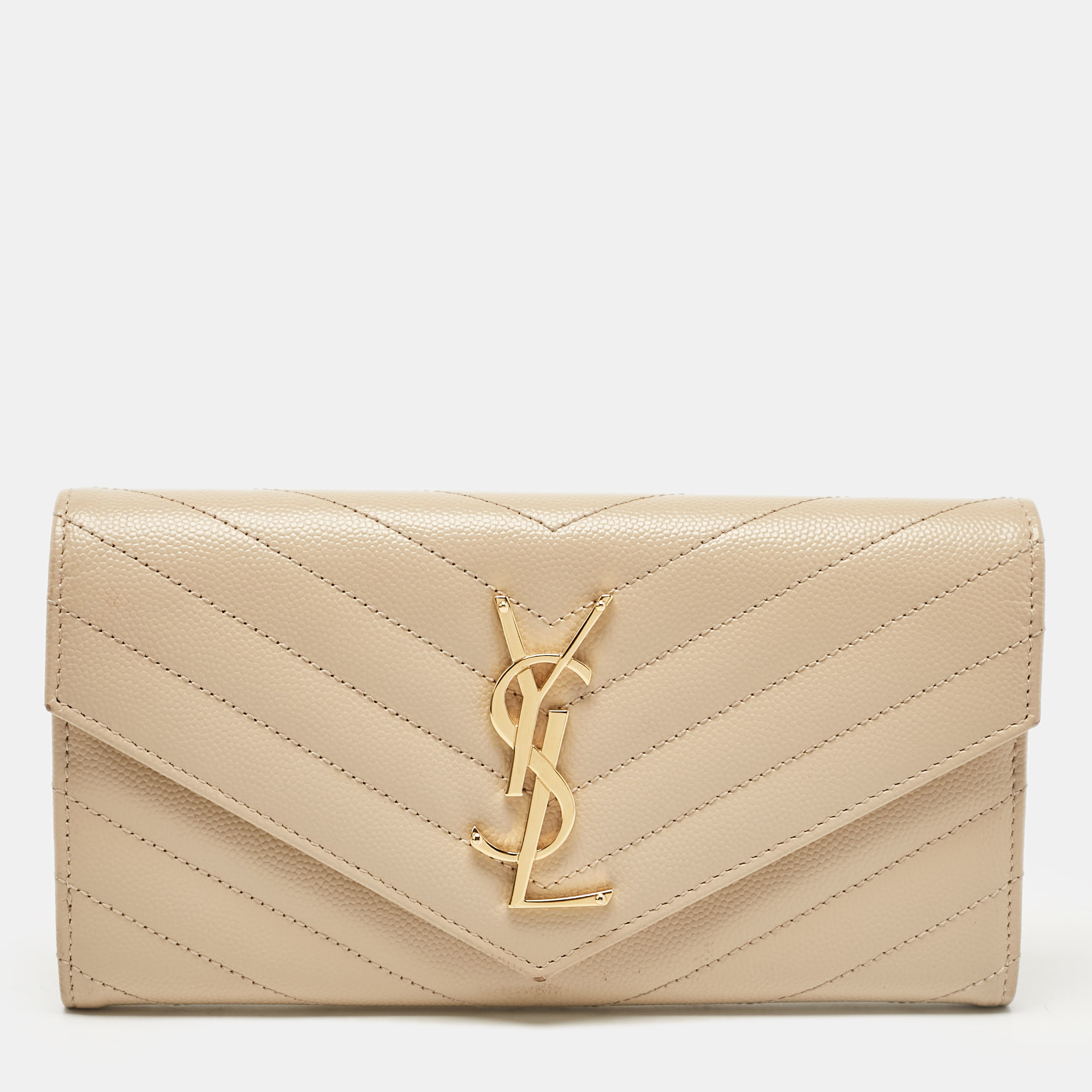 

Saint Laurent Beige Matelassé Leather Monogram Flap Wallet