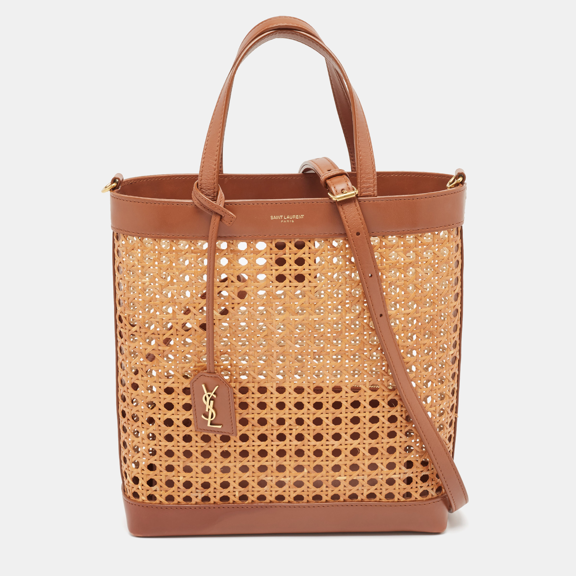 Pre-owned Saint Laurent Brown/beige Woven Raffia And Leather Toy Tote