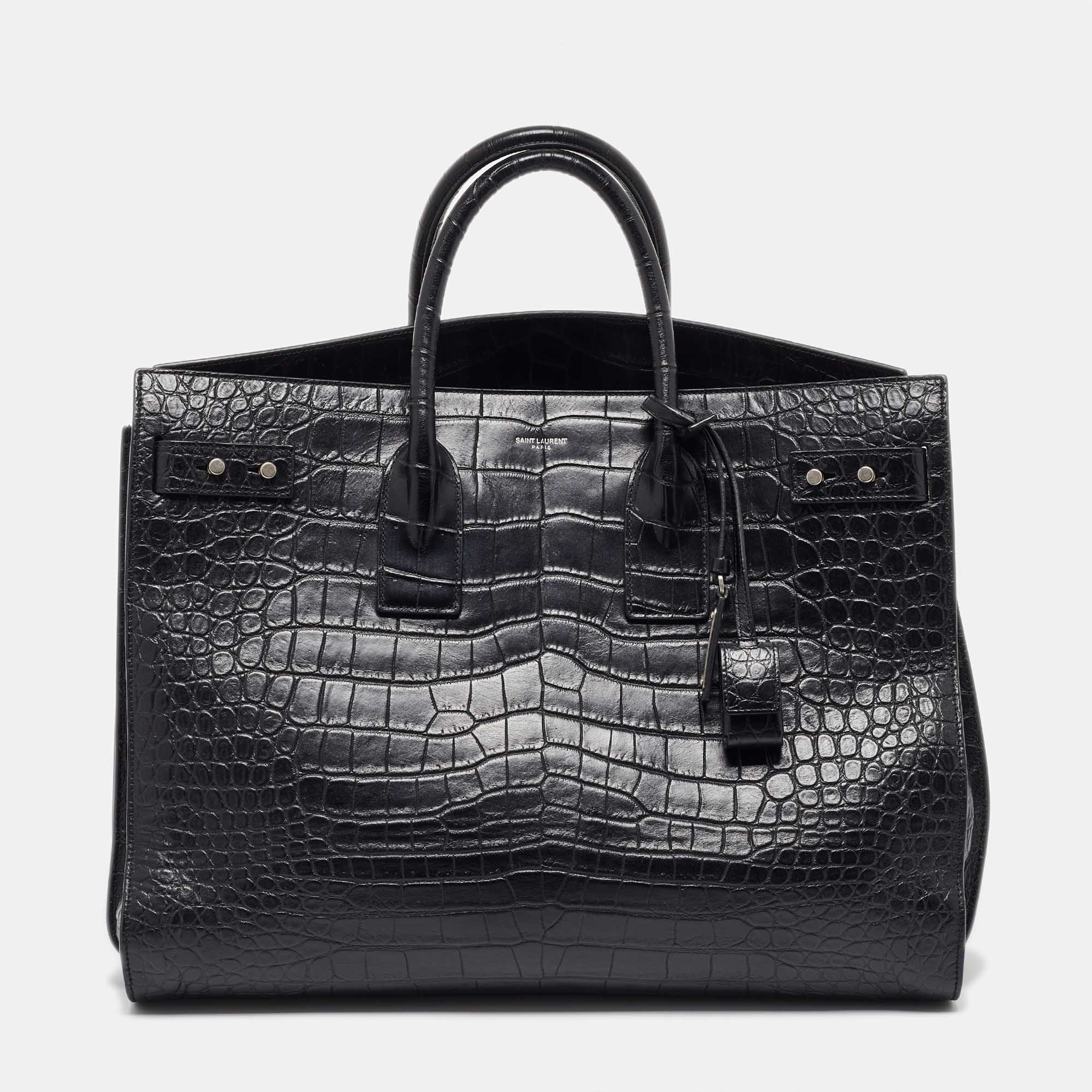 

Saint Laurent Black Crocodile Embossed Leather Large Souple Sac De Jour Tote