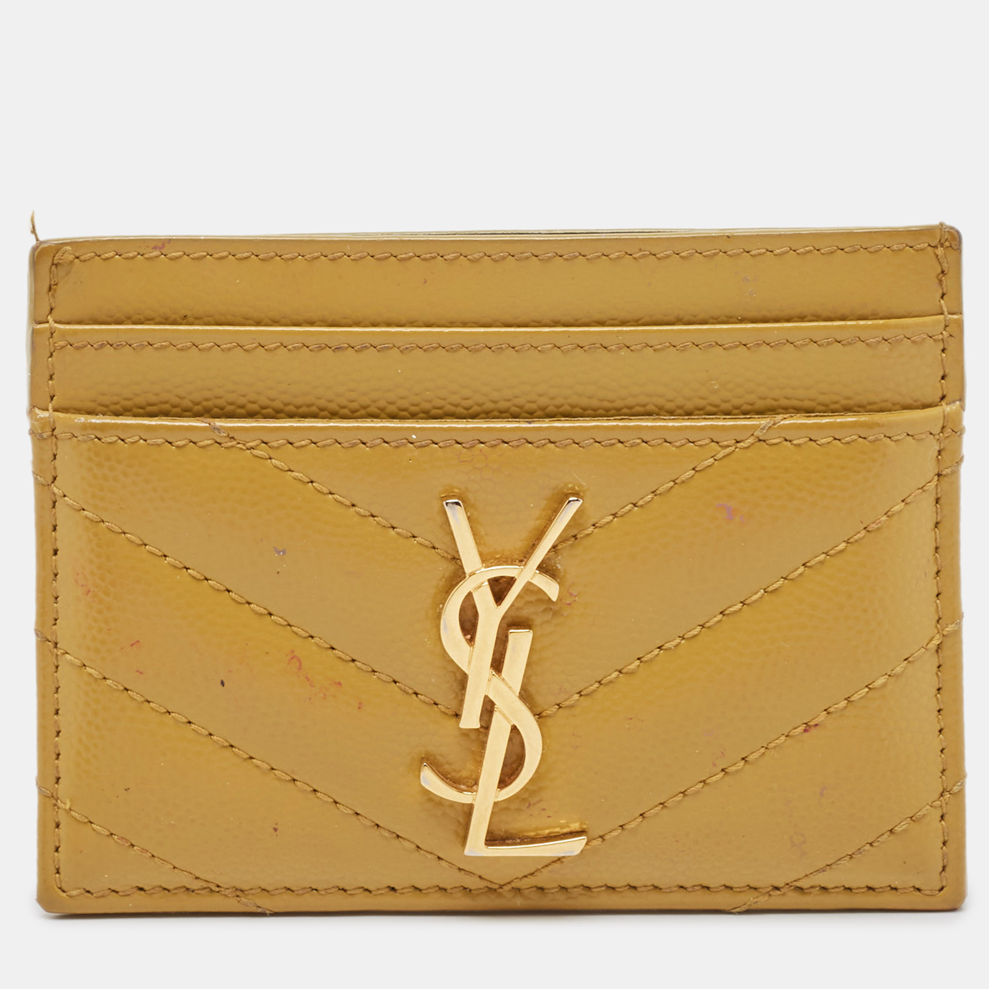 Pre-owned Saint Laurent Yellow Matelassé Leather Cassandre Card Holder