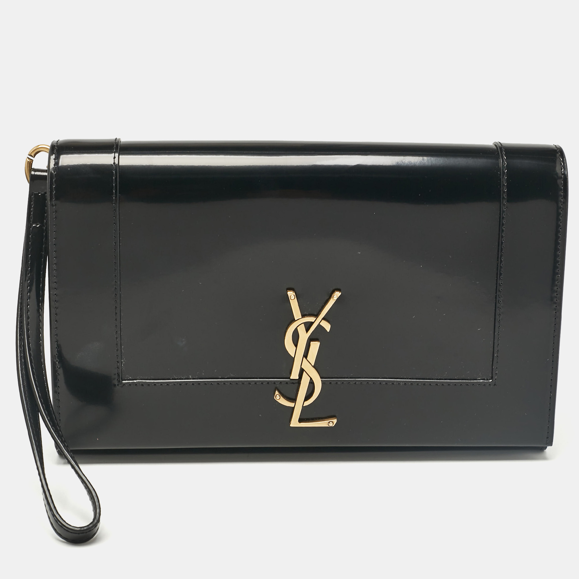 Pre-owned Saint Laurent Black Patent Leather Cassandre Flap Wristlet Clutch