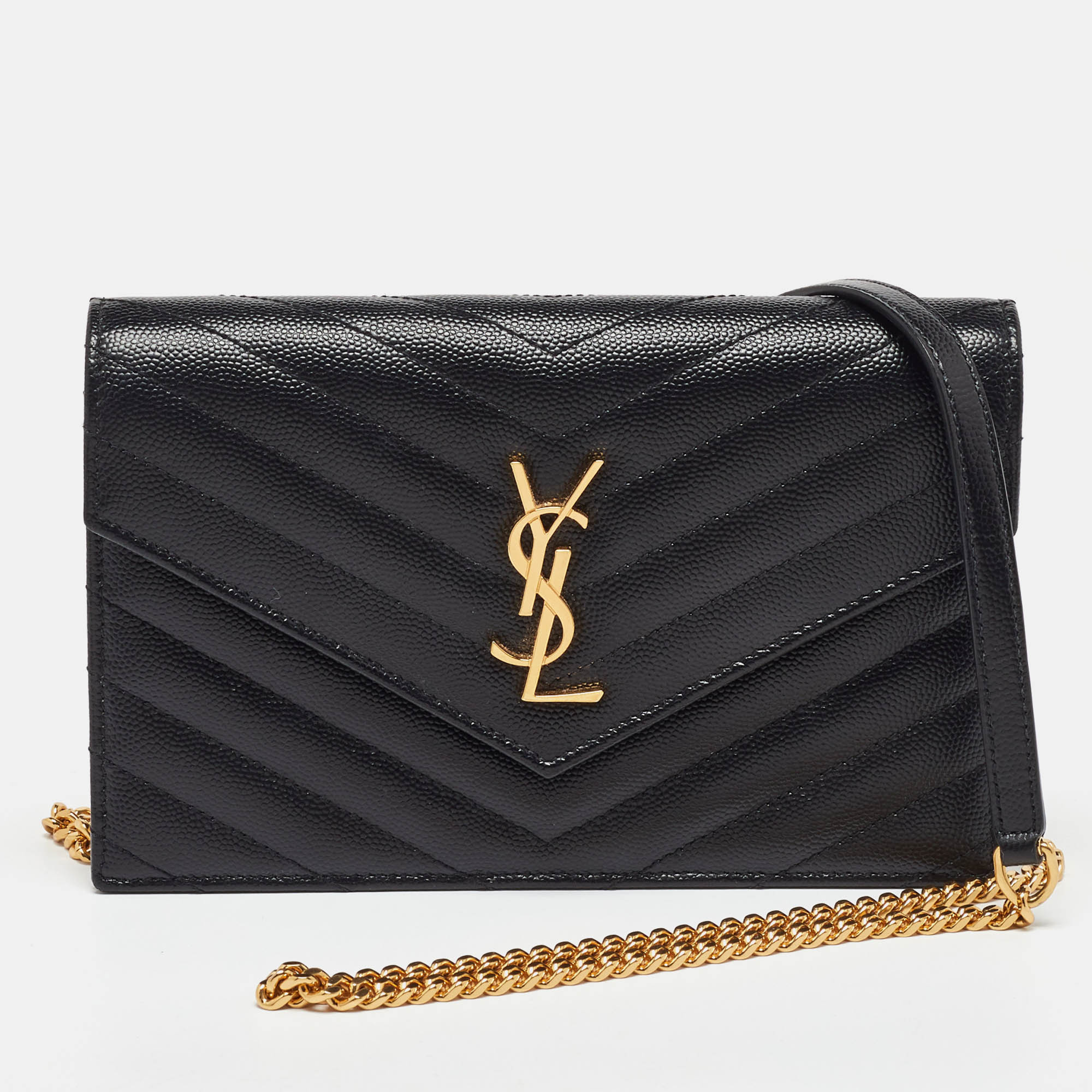 

Saint Laurent Black Matelassé Leather Monogram Envelope Wallet on Chain