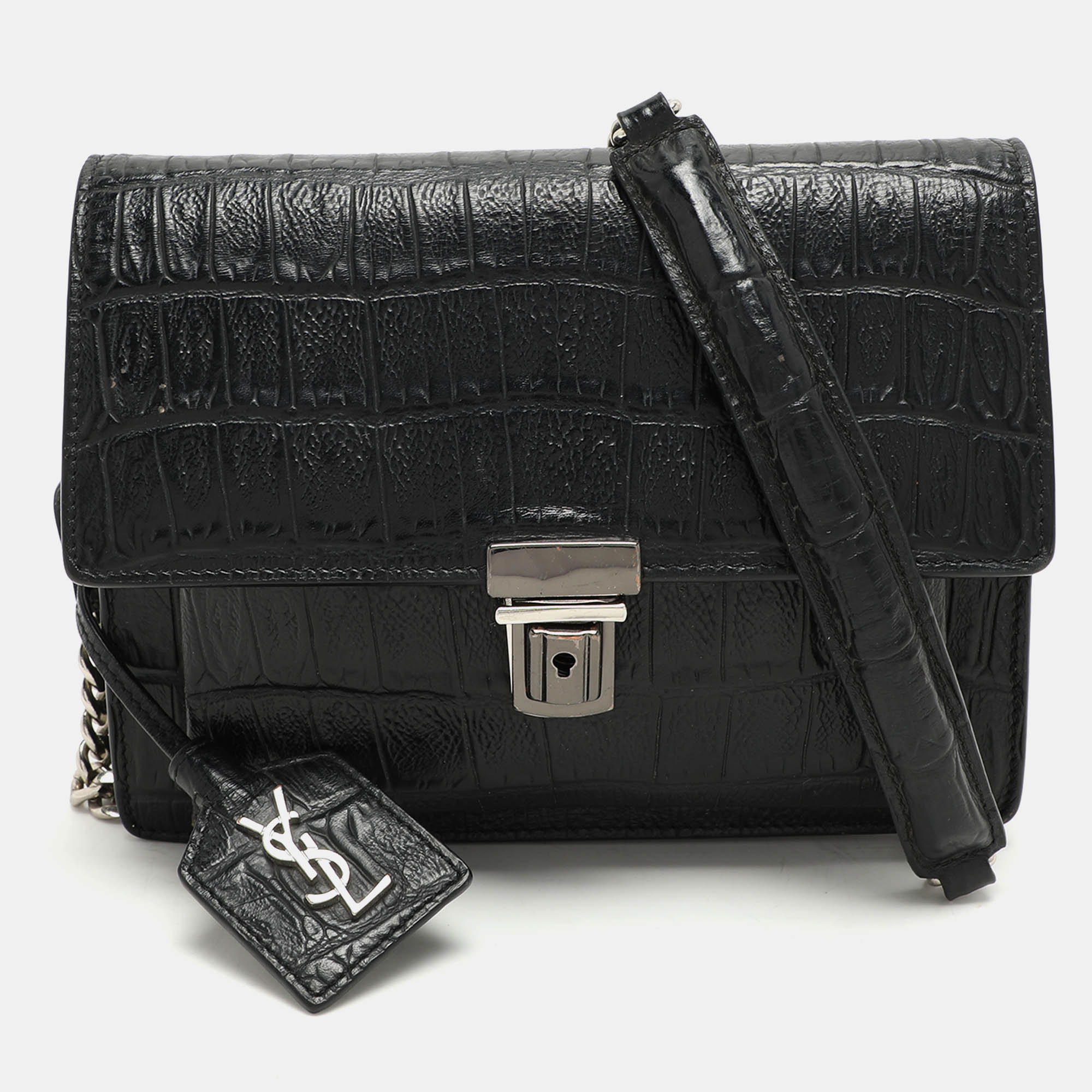 

Saint Laurent Black Croc Embossed Leather Push Lock Shoulder Bag