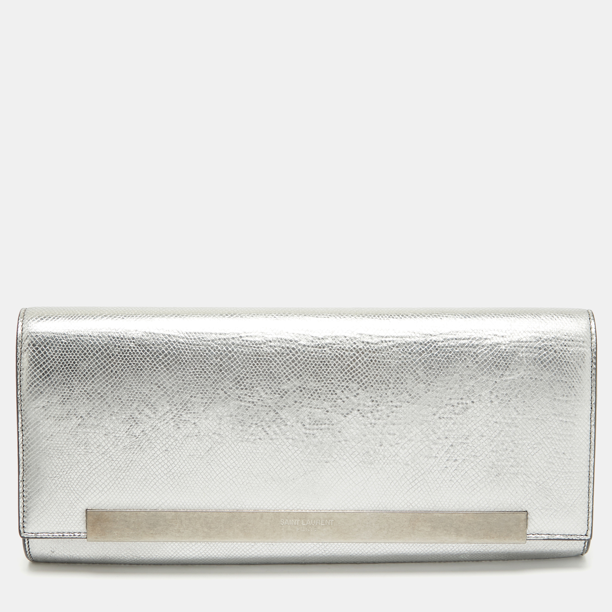 

Saint Laurent Silver Lizard Embossed Leather Lutetia Clutch