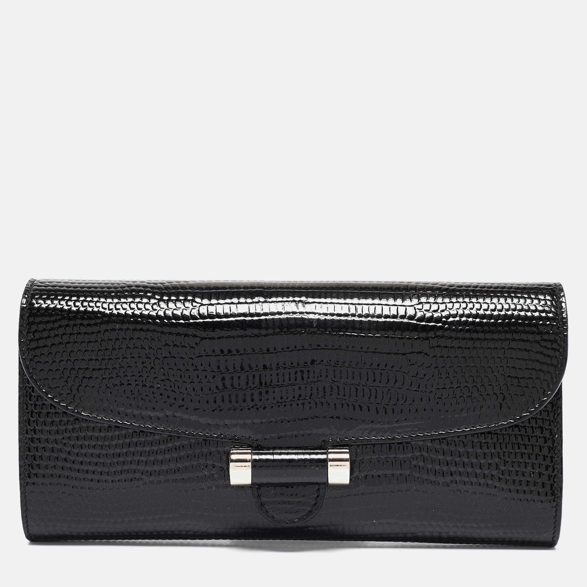 

Saint Laurent Black Lizard Embossed Patent Leather Muse Clutch