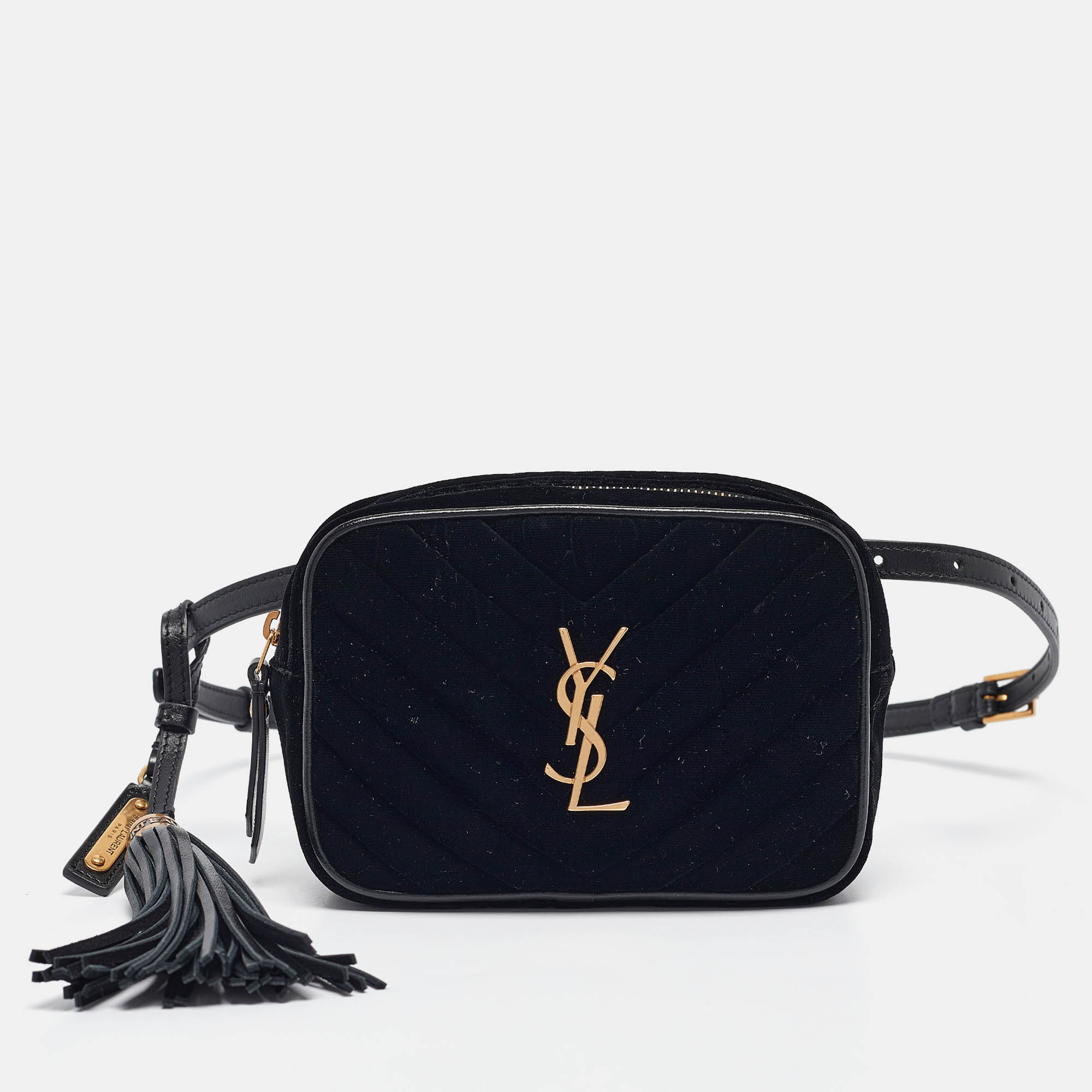 Pre-owned Saint Laurent Black Matelasse Velvet Lou Belt Bag