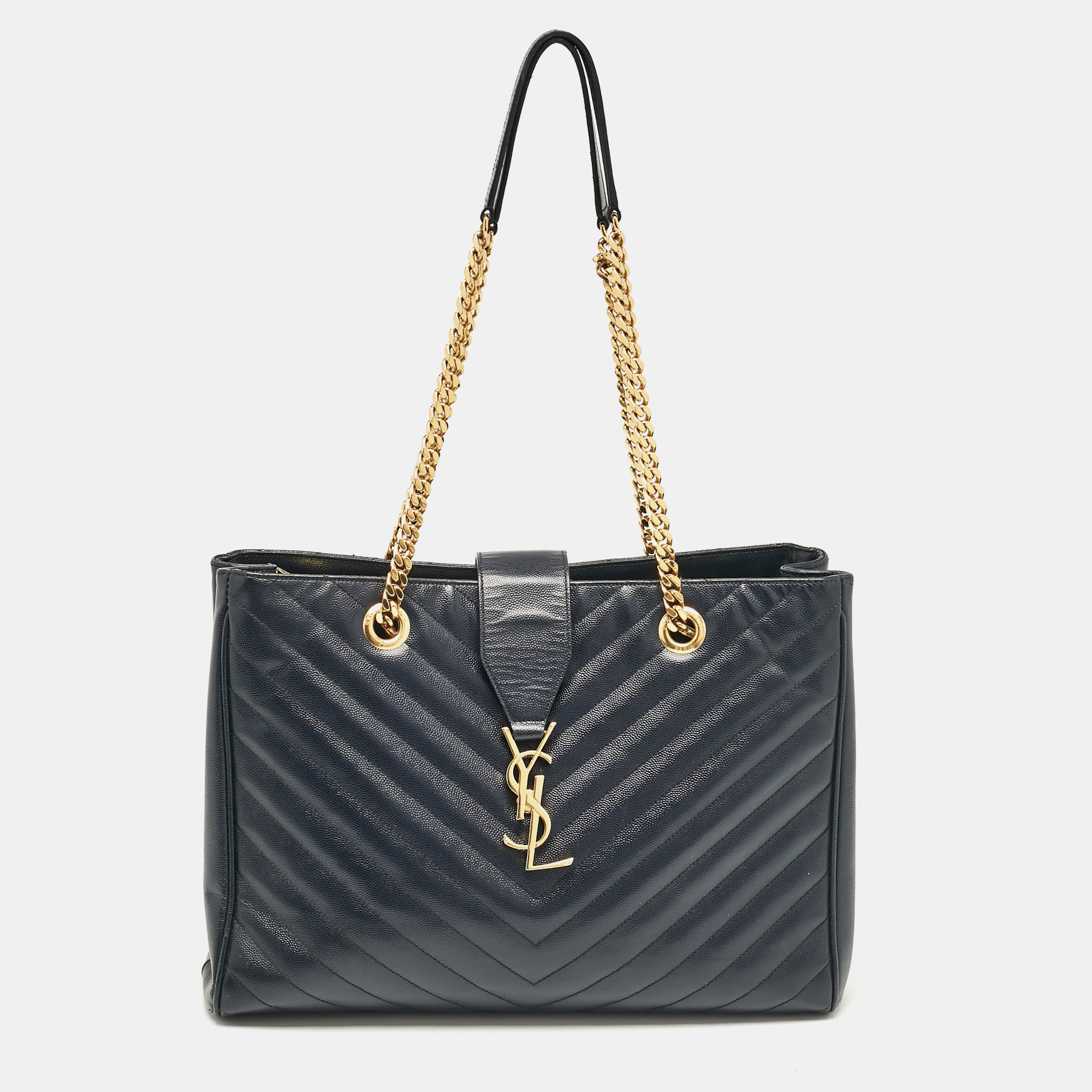 

Saint Laurent Navy Blue Matelassé Leather Monogram Shopper Tote