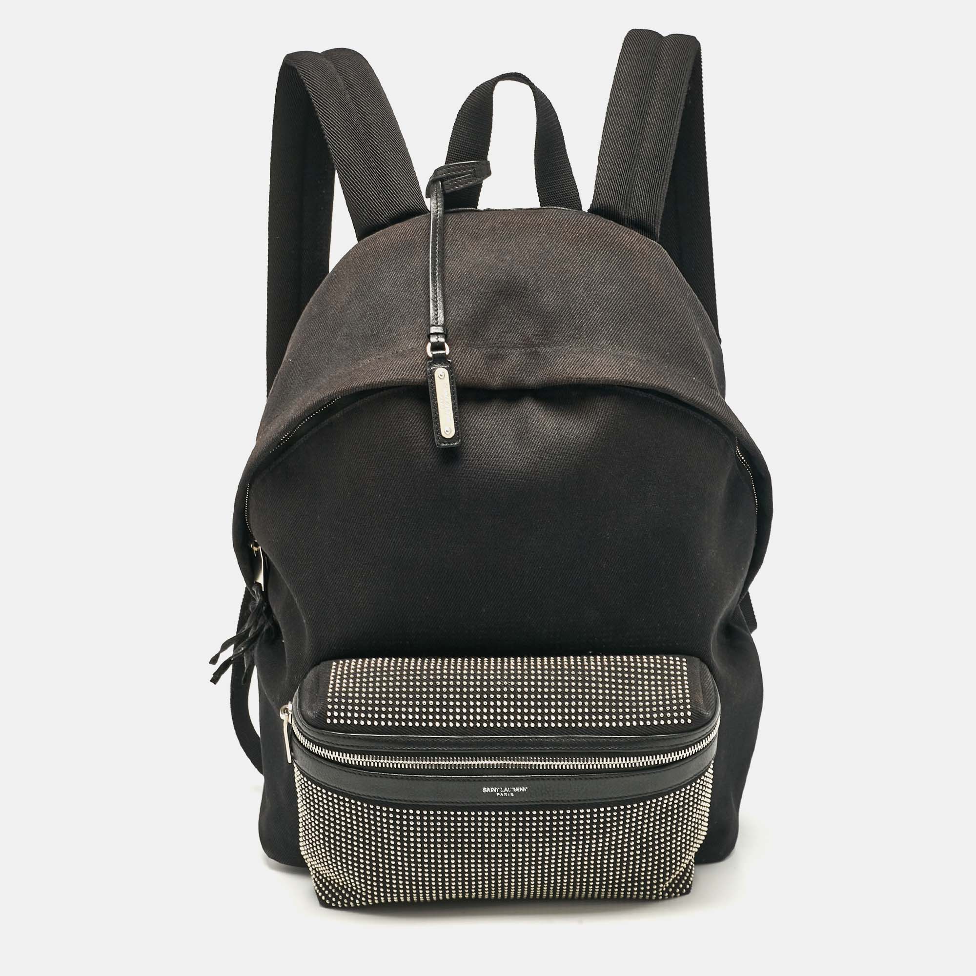 

Saint Laurent Black Canvas and Leather City Studded Backpack