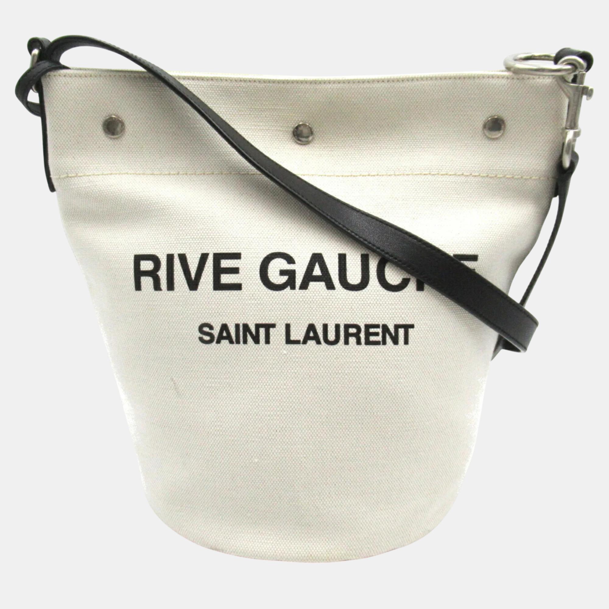 

Yves Saint Laurent Canvas Leather Ivory Black Rive Gauche Shoulder Bag