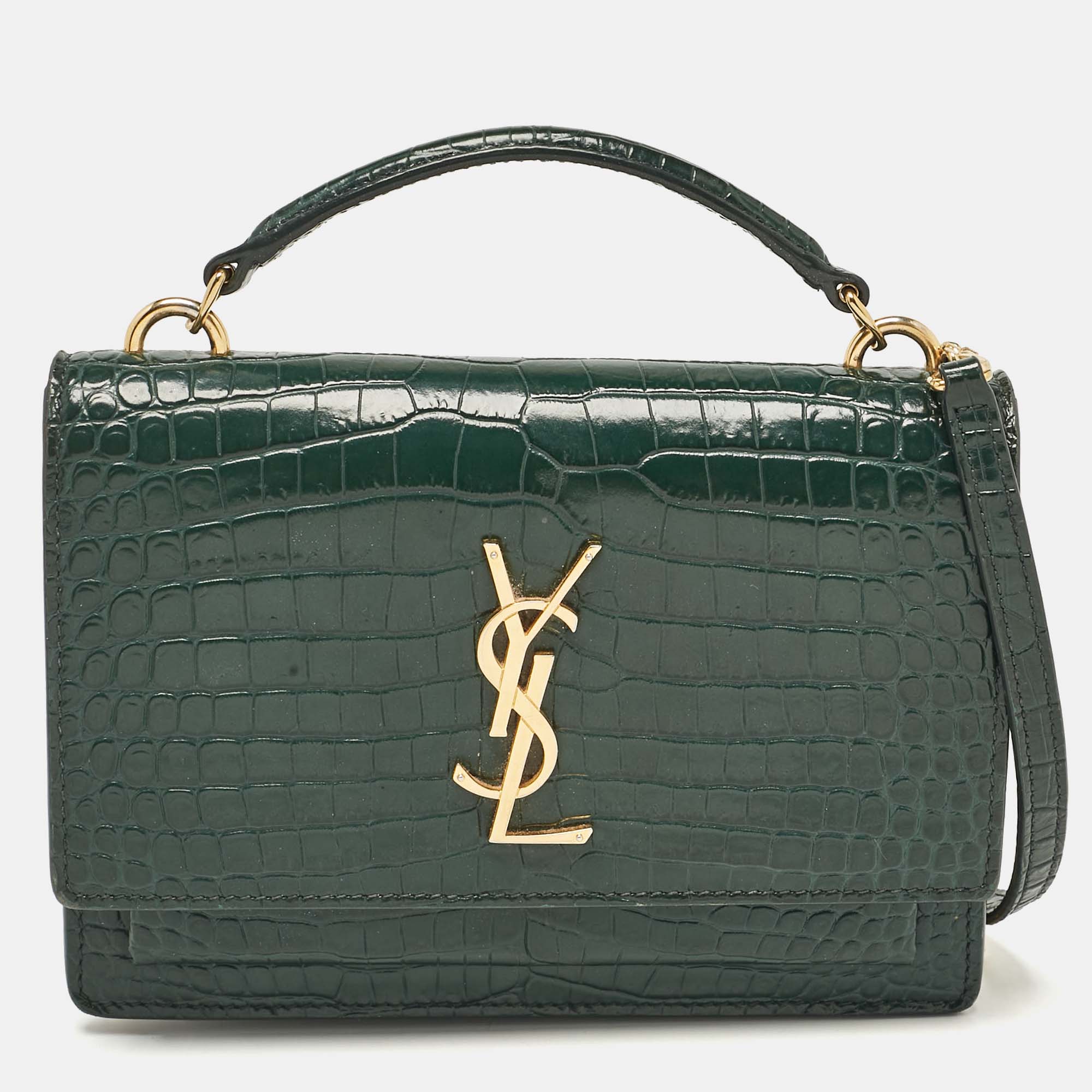 

Saint Laurent Green Croc Embossed Leather Sunset Wallet on Chain