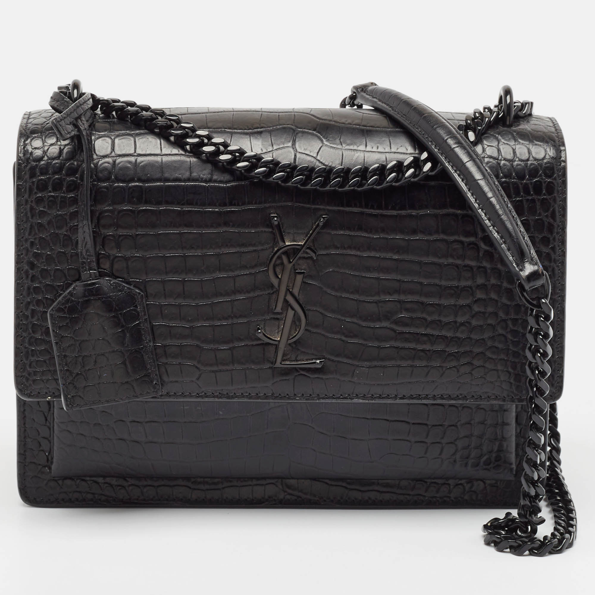 

Saint Laurent Black Croc Embossed Leather  Sunset Bag